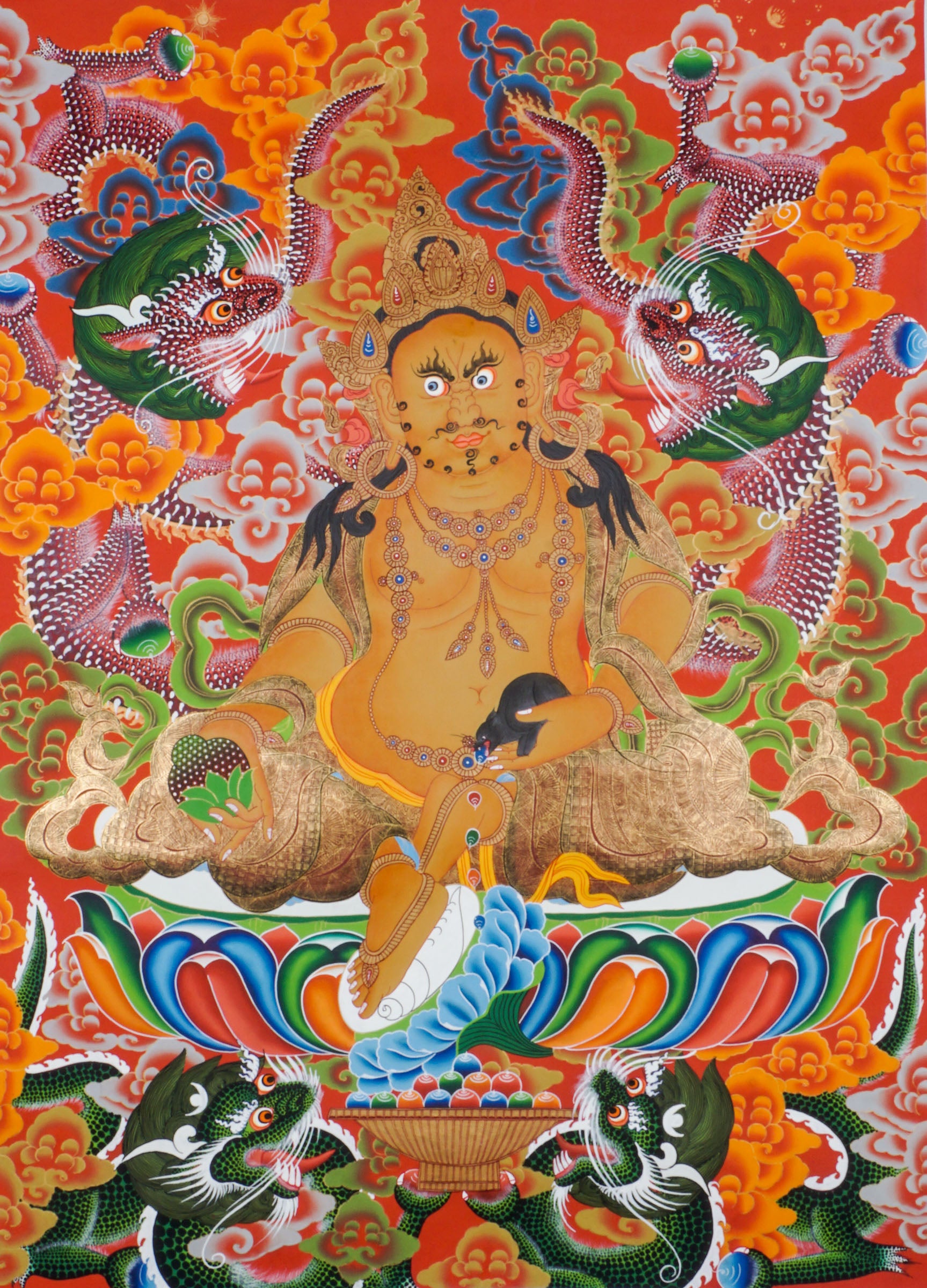 Genuine Tibetan Buddhist Zambala Thangka. Symbol of wealth, prosperity, and protection. Hand-painted with rich colors and details. Perfect for meditation, altar, or sacred space. Invites abundance and removes obstacles. 
