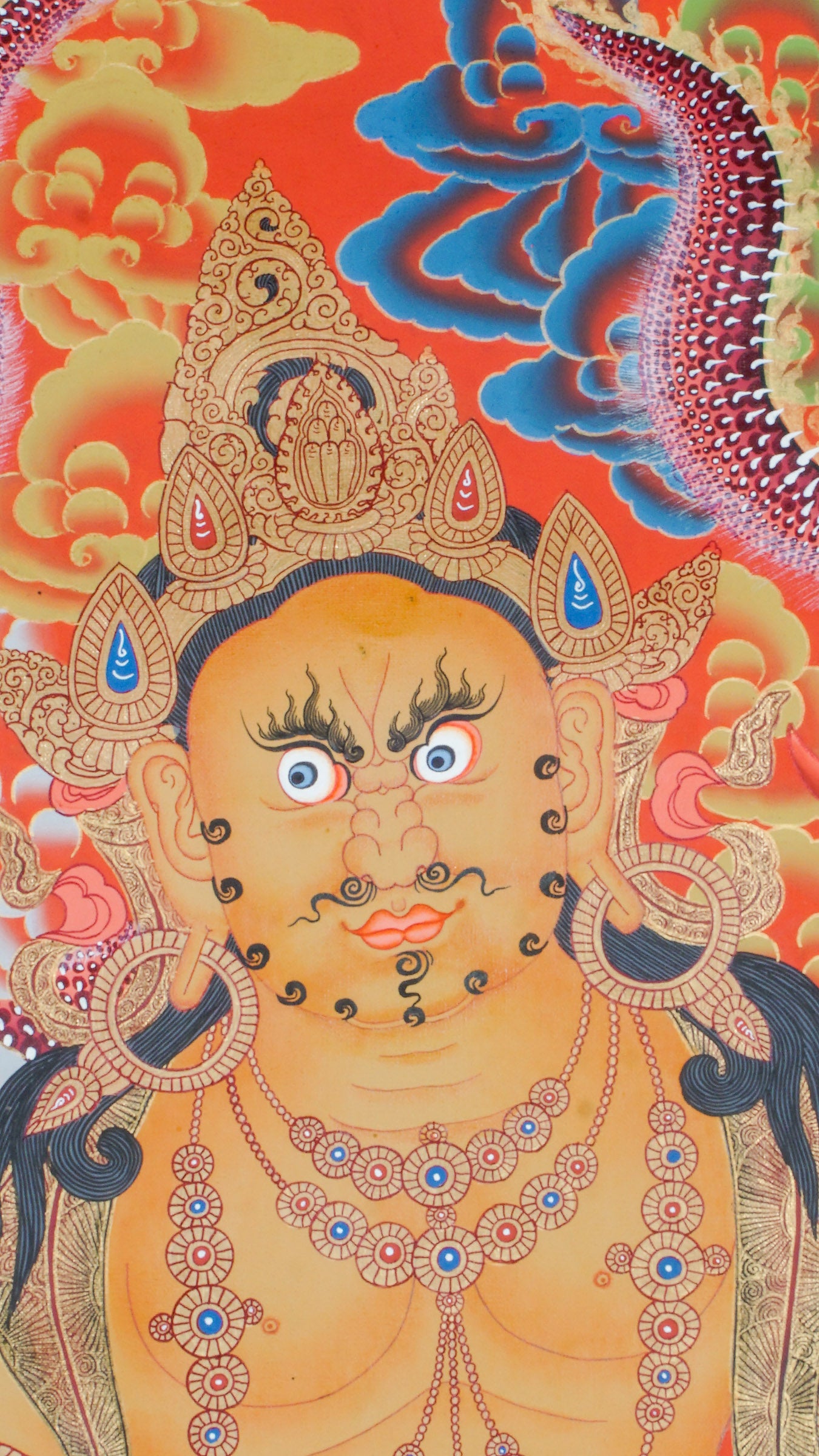 Genuine Tibetan Buddhist Zambala Thangka. Symbol of wealth, prosperity, and protection. Hand-painted with rich colors and details. Perfect for meditation, altar, or sacred space. Invites abundance and removes obstacles.