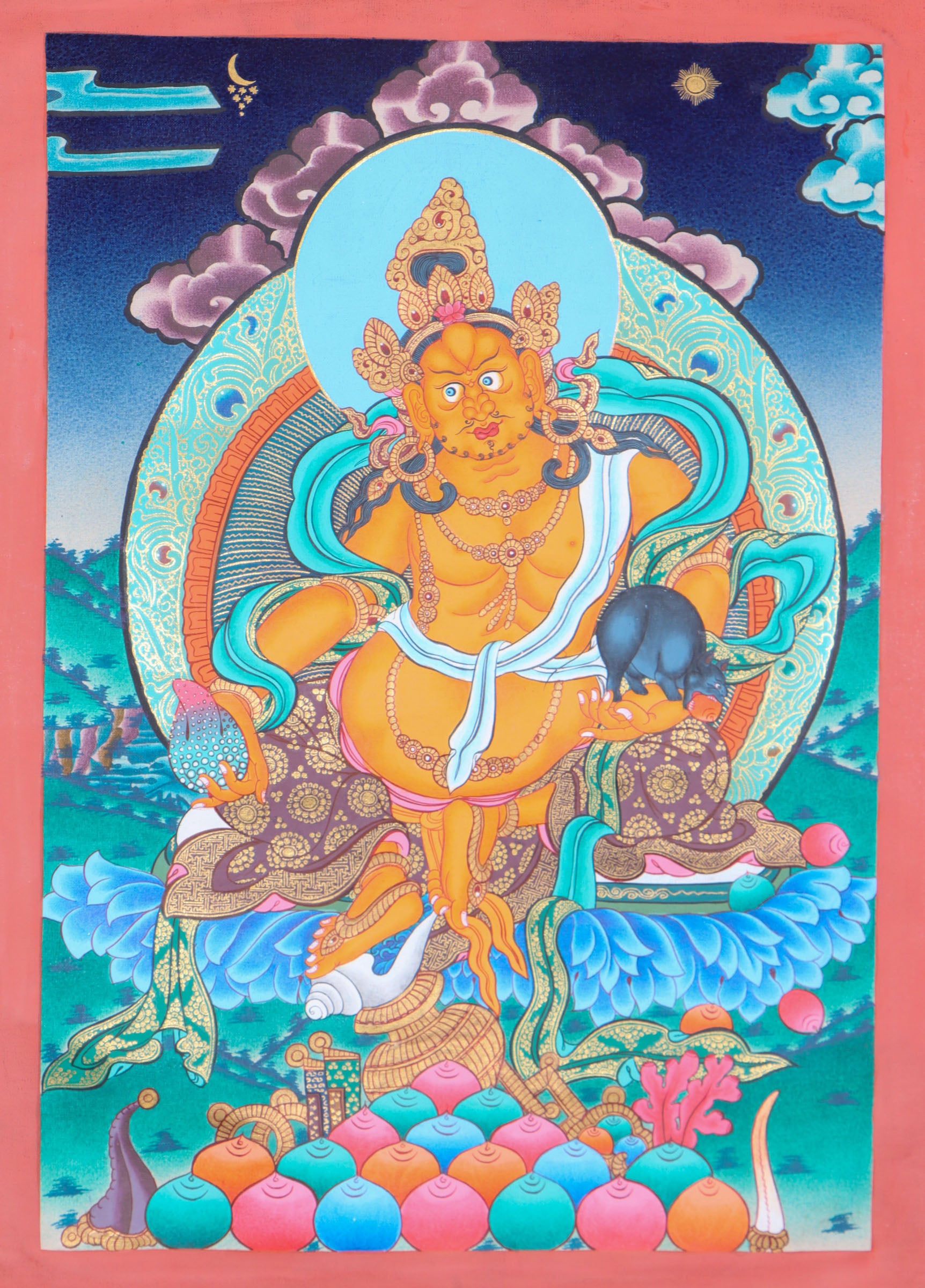 This Tibetan Thangka of Zambala, the Buddhist deity of wealth and abundance, is hand-painted on cotton canvas with natural mineral pigments. A genuine Thangka for prosperity and spiritual well-being, it radiates the blessings of Zambala through intricate detail and vibrant symbolism.