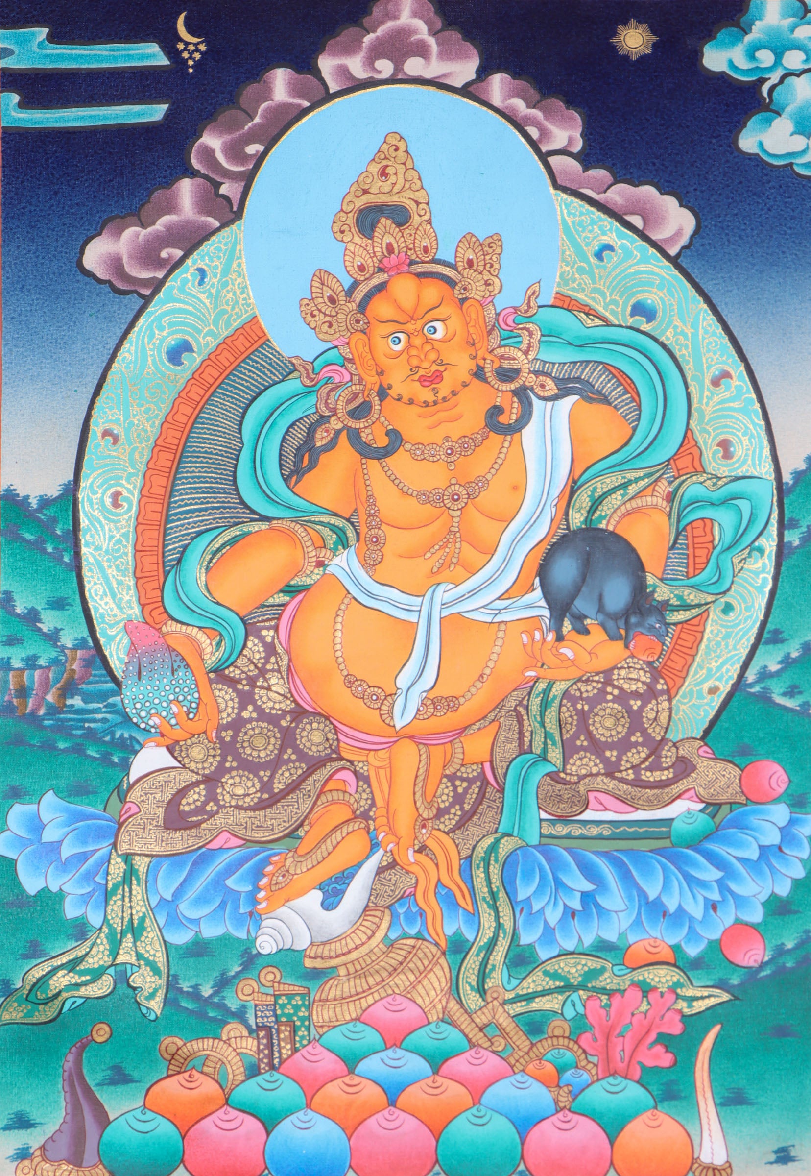 This Tibetan Thangka of Zambala, the Buddhist deity of wealth and abundance, is hand-painted on cotton canvas with natural mineral pigments. A genuine Thangka for prosperity and spiritual well-being, it radiates the blessings of Zambala through intricate detail and vibrant symbolism.