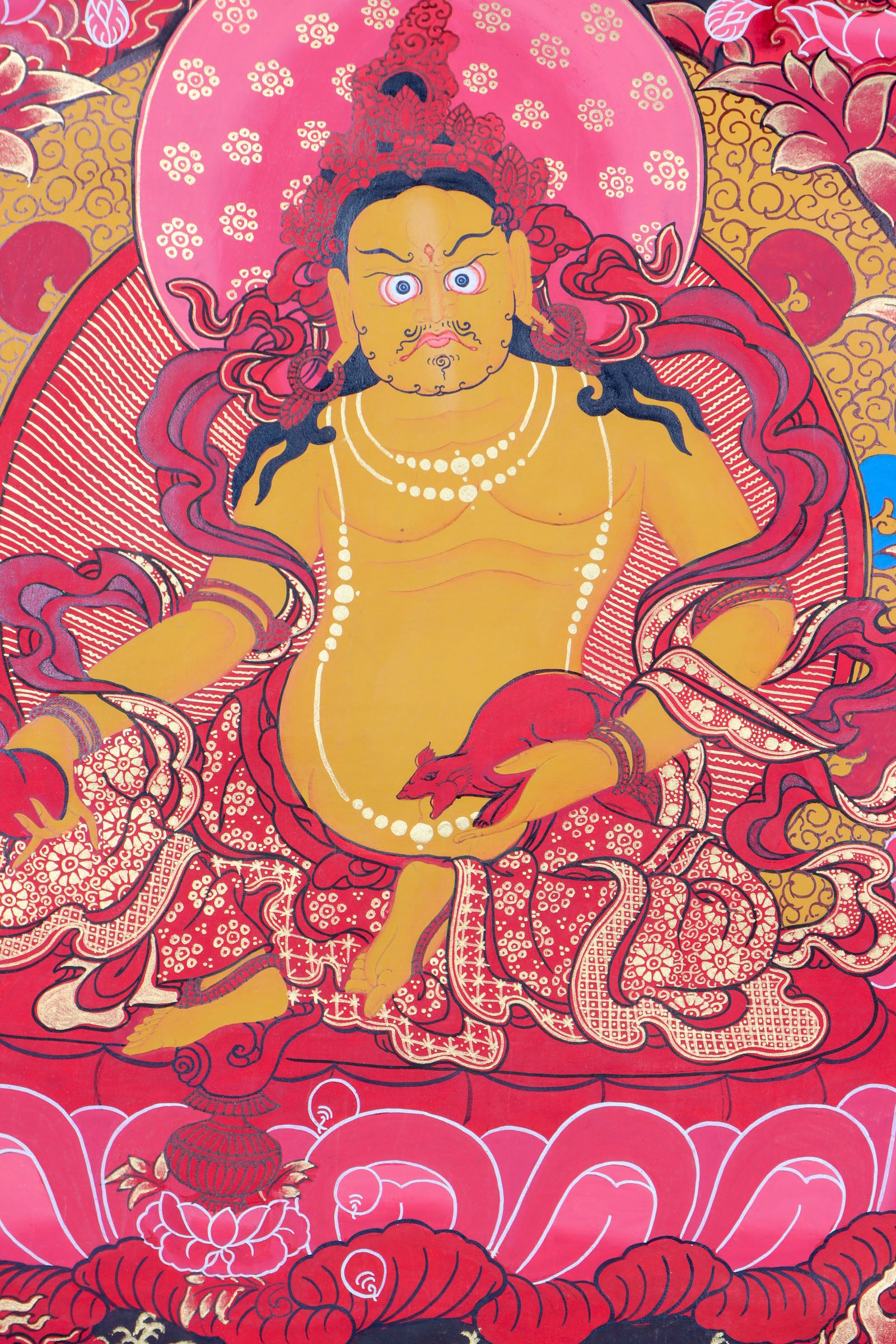 This Tibetan Thangka of Zambala, the Buddhist god of wealth, is handcrafted with traditional pigments to invite abundance and prosperity. A powerful symbol of generosity, it blends sacred meaning with genuine Himalayan artistry.