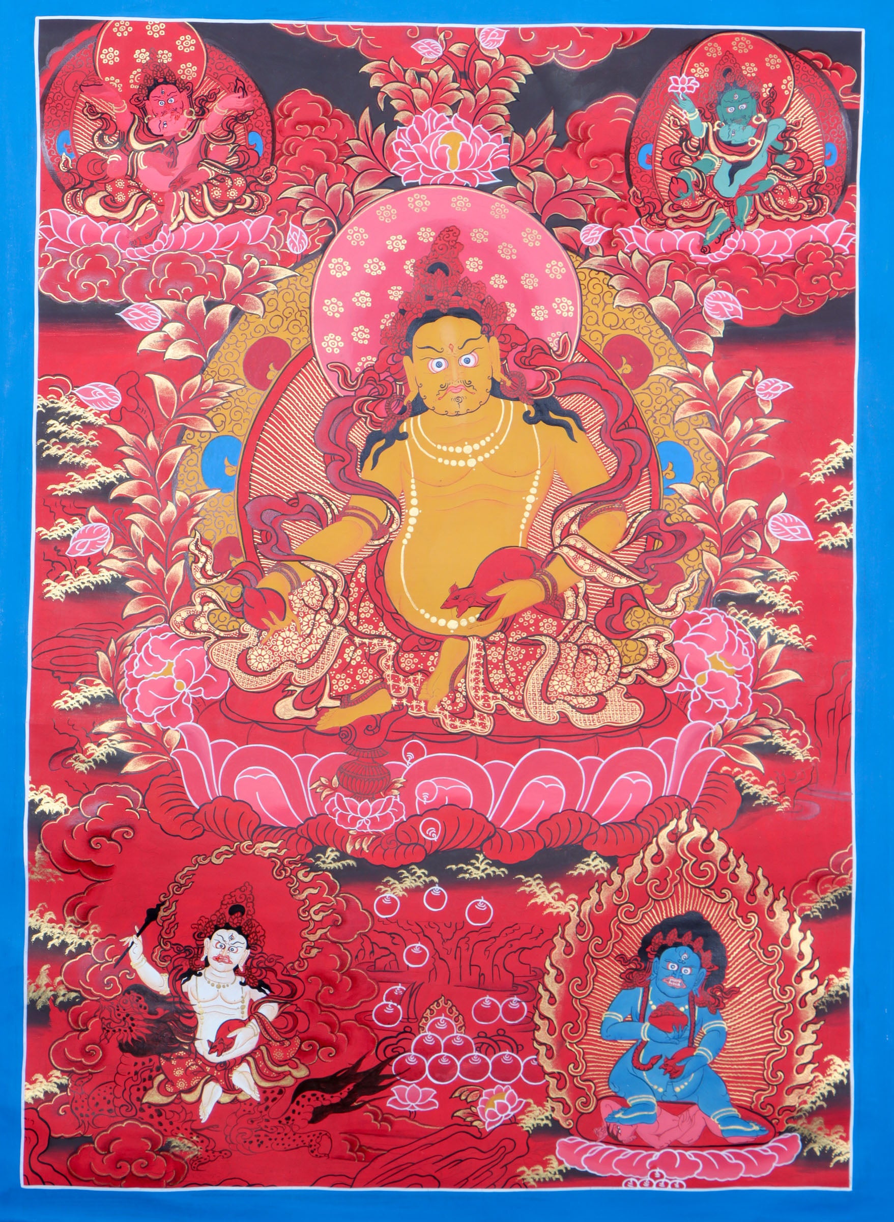 This Tibetan Thangka of Zambala, the Buddhist god of wealth, is handcrafted with traditional pigments to invite abundance and prosperity. A powerful symbol of generosity, it blends sacred meaning with genuine Himalayan artistry.