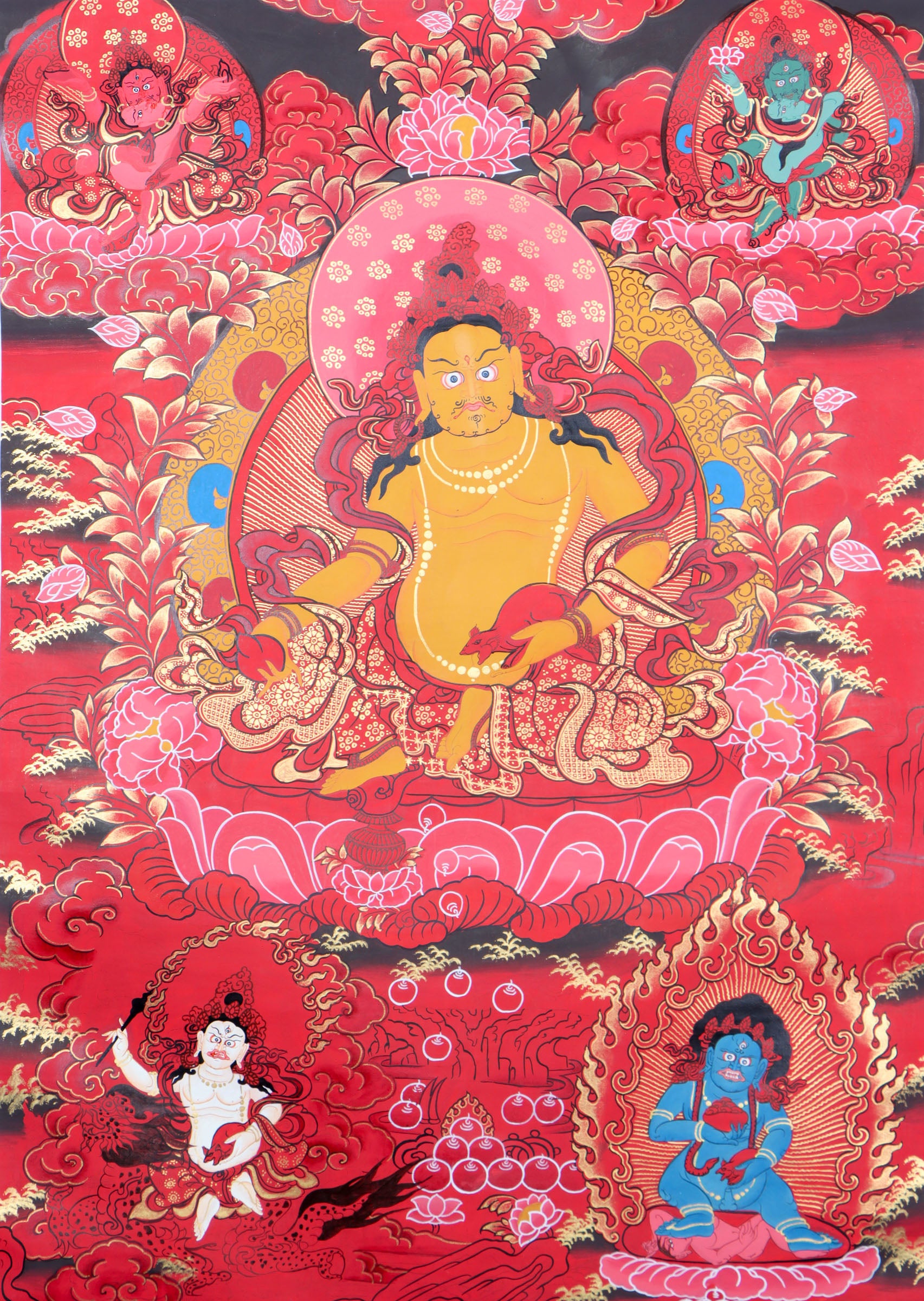 This Tibetan Thangka of Zambala, the Buddhist god of wealth, is handcrafted with traditional pigments to invite abundance and prosperity. A powerful symbol of generosity, it blends sacred meaning with genuine Himalayan artistry.