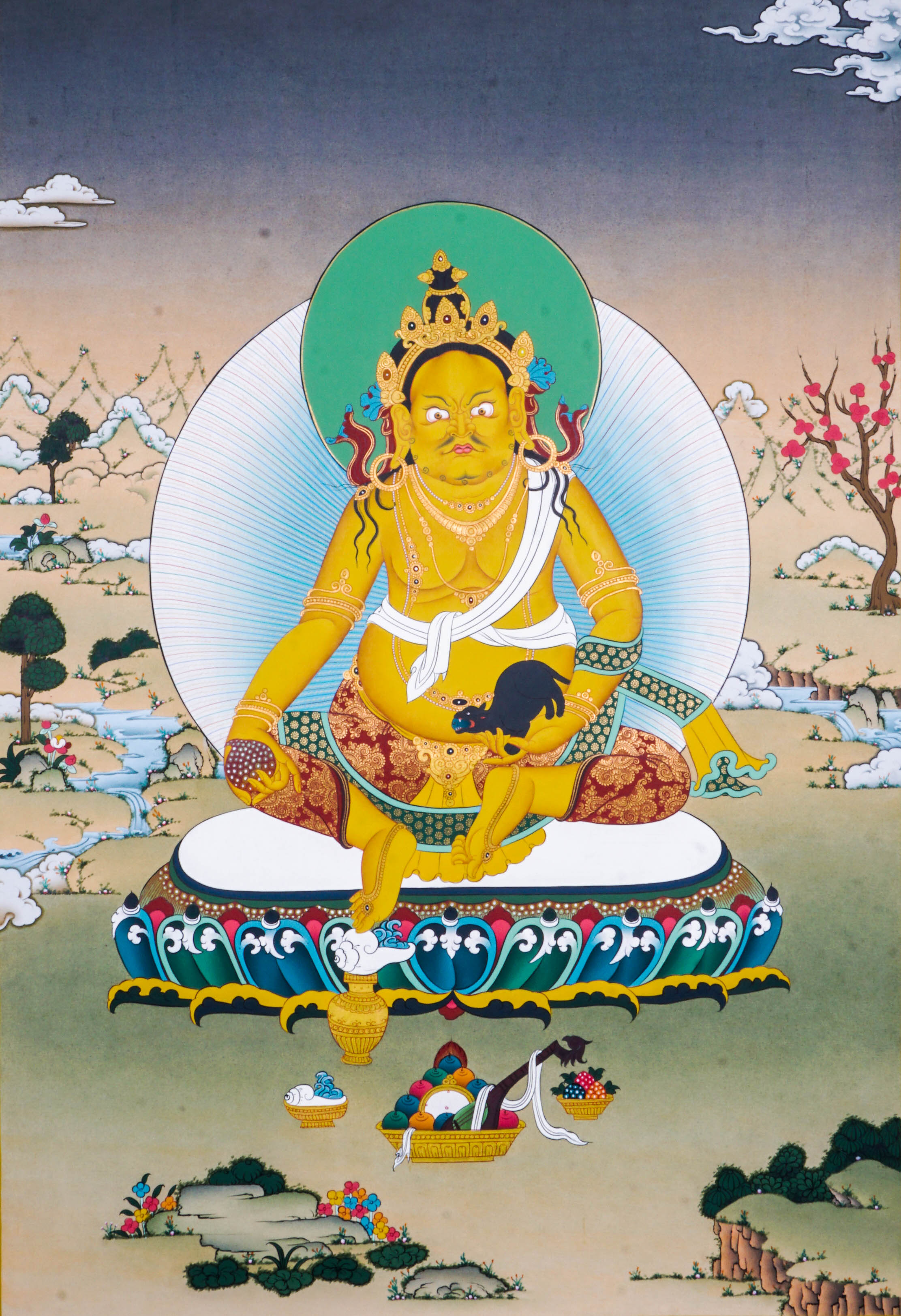 Zambala Thangka Painting features Zambala, the Tibetan Buddhist deity of wealth and prosperity, symbolizing abundance and success. Handcrafted by skilled artisans with intricate designs and natural pigments, this authentic Tibetan artwork embodies blessings of financial fortune and spiritual growth, making it a powerful symbol of prosperity and compassion.