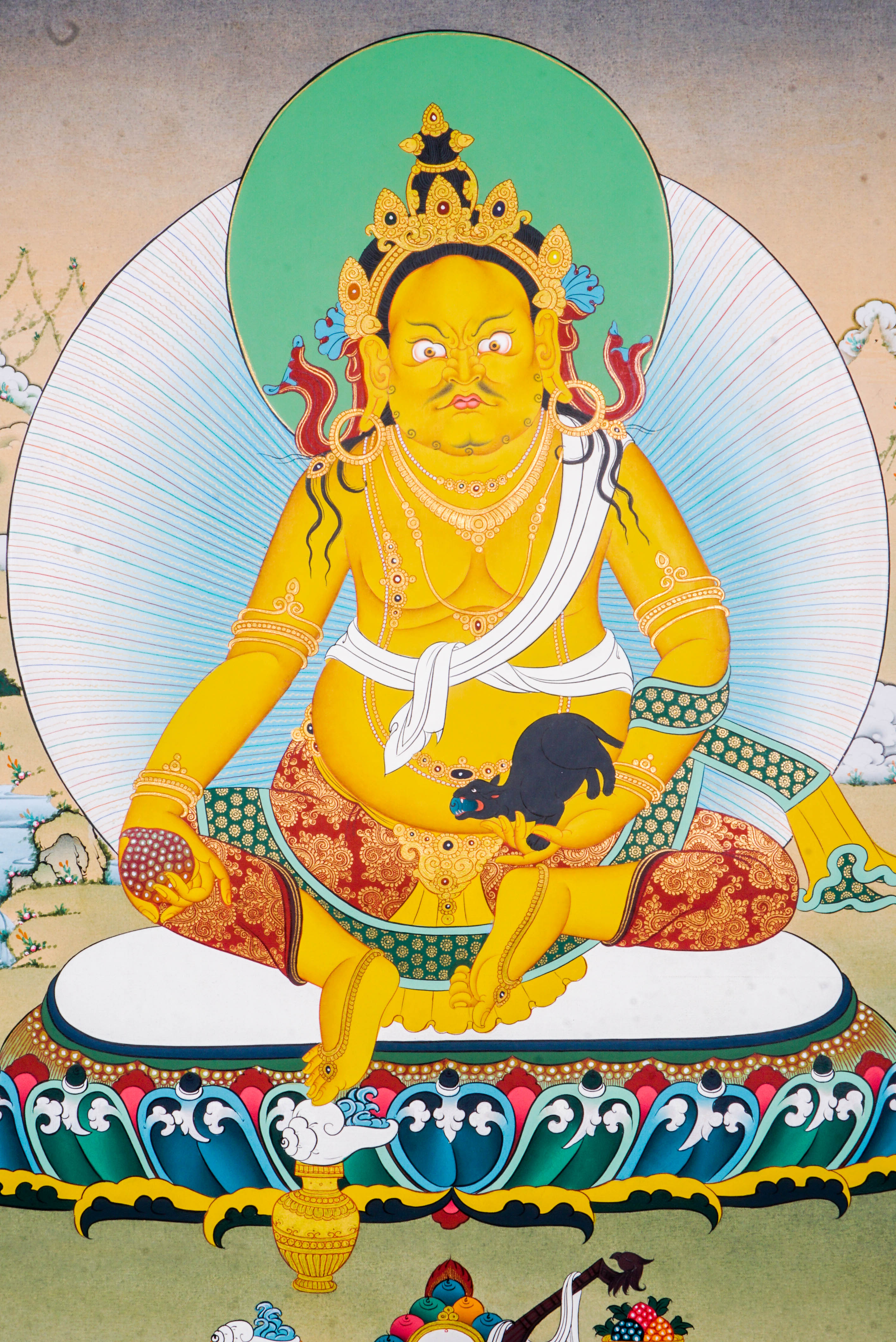 Zambala Thangka Painting features Zambala, the Tibetan Buddhist deity of wealth and prosperity, symbolizing abundance and success. Handcrafted by skilled artisans with intricate designs and natural pigments, this authentic Tibetan artwork embodies blessings of financial fortune and spiritual growth, making it a powerful symbol of prosperity and compassion. 
