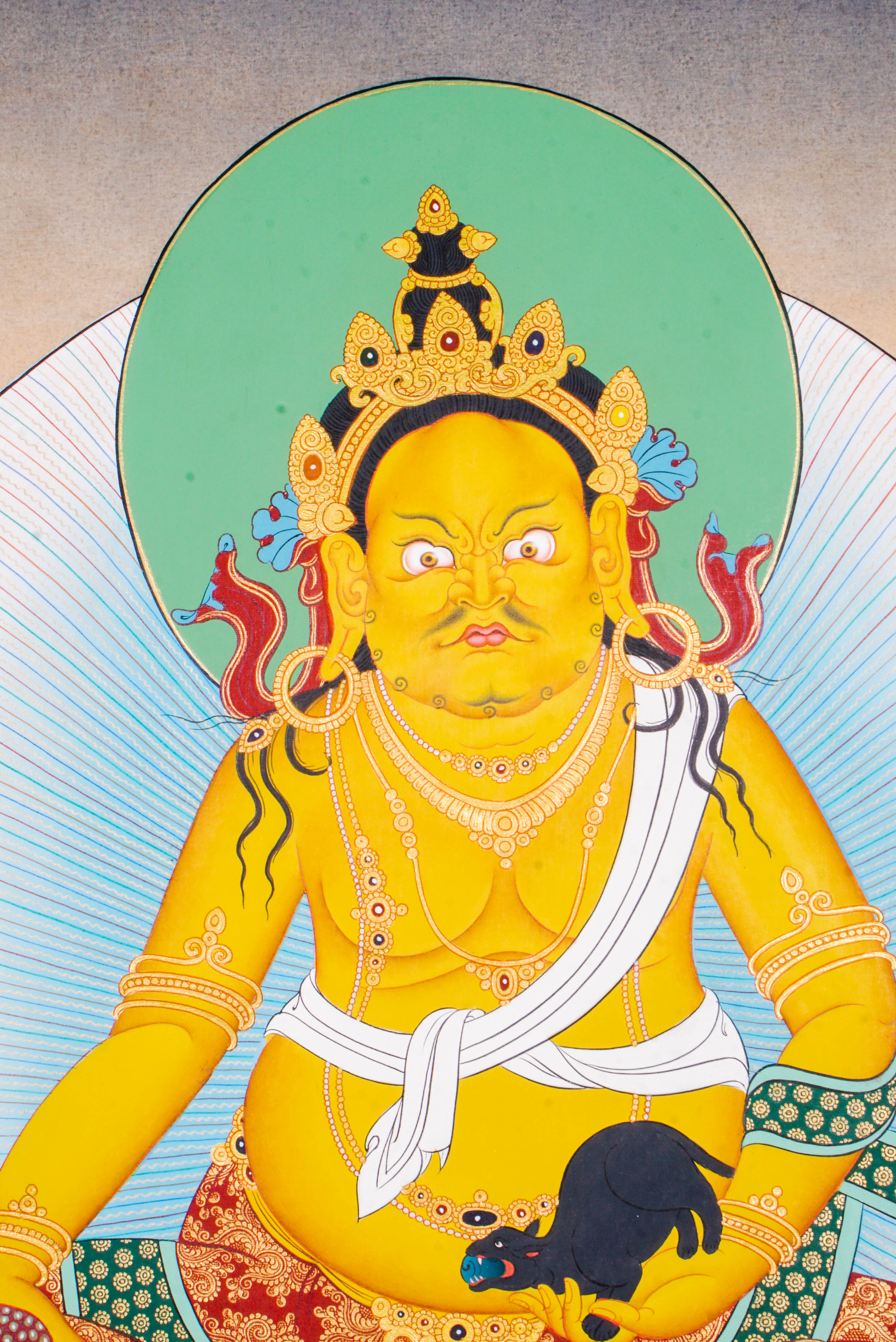 Zambala Thangka Painting features Zambala, the Tibetan Buddhist deity of wealth and prosperity, symbolizing abundance and success. Handcrafted by skilled artisans with intricate designs and natural pigments, this authentic Tibetan artwork embodies blessings of financial fortune and spiritual growth, making it a powerful symbol of prosperity and compassion. 
