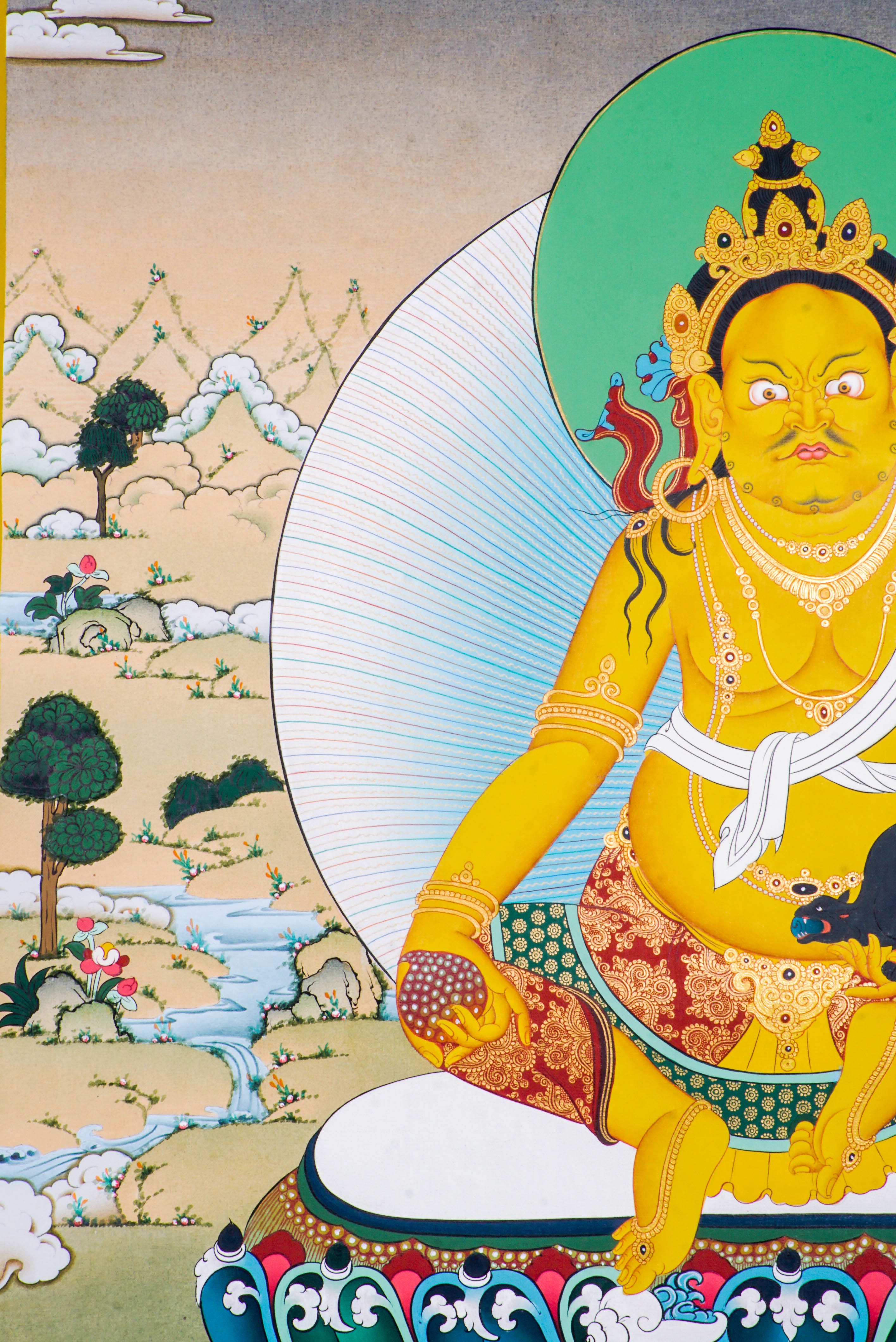 Zambala Thangka Painting features Zambala, the Tibetan Buddhist deity of wealth and prosperity, symbolizing abundance and success. Handcrafted by skilled artisans with intricate designs and natural pigments, this authentic Tibetan artwork embodies blessings of financial fortune and spiritual growth, making it a powerful symbol of prosperity and compassion.