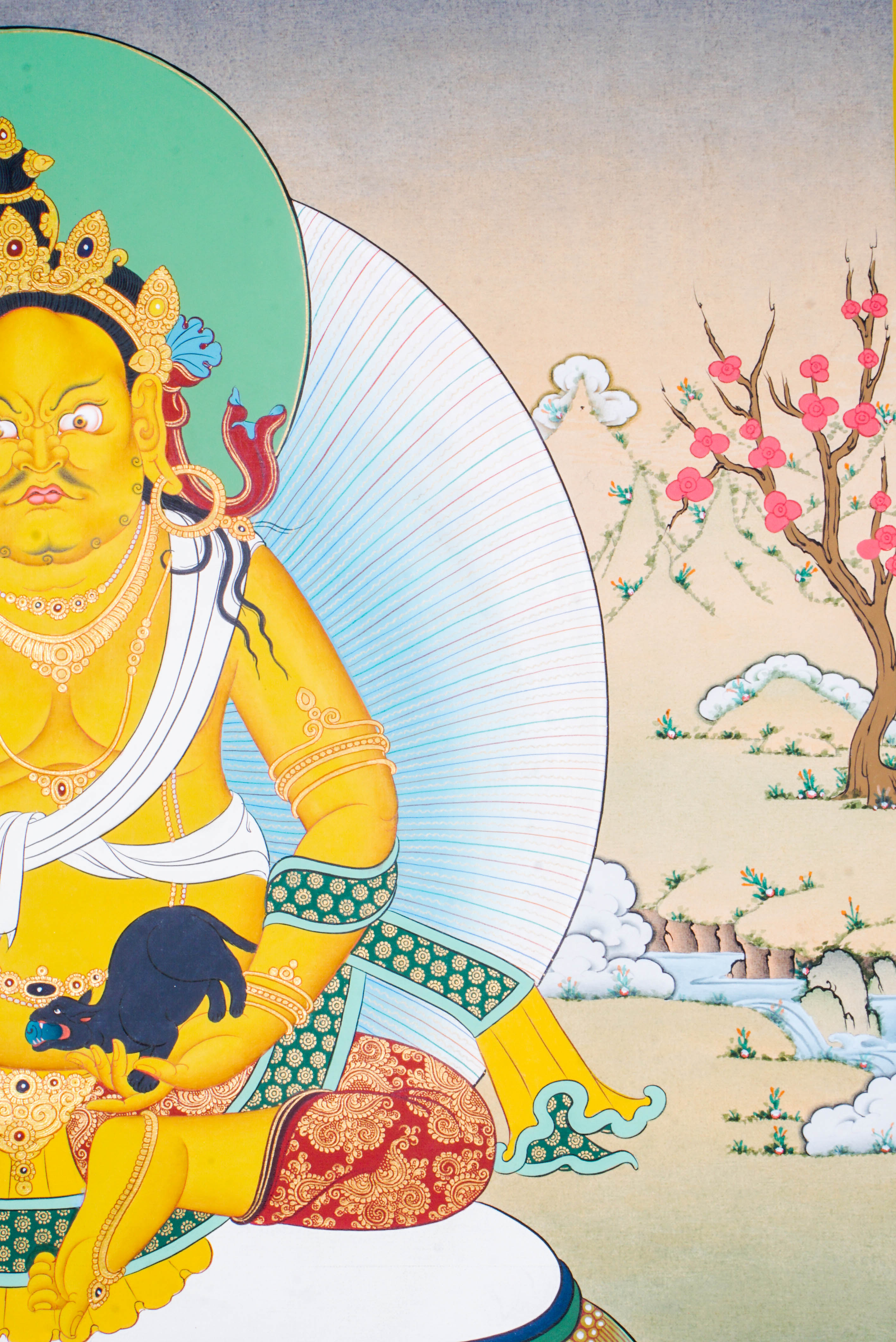 Zambala Thangka Painting features Zambala, the Tibetan Buddhist deity of wealth and prosperity, symbolizing abundance and success. Handcrafted by skilled artisans with intricate designs and natural pigments, this authentic Tibetan artwork embodies blessings of financial fortune and spiritual growth, making it a powerful symbol of prosperity and compassion.