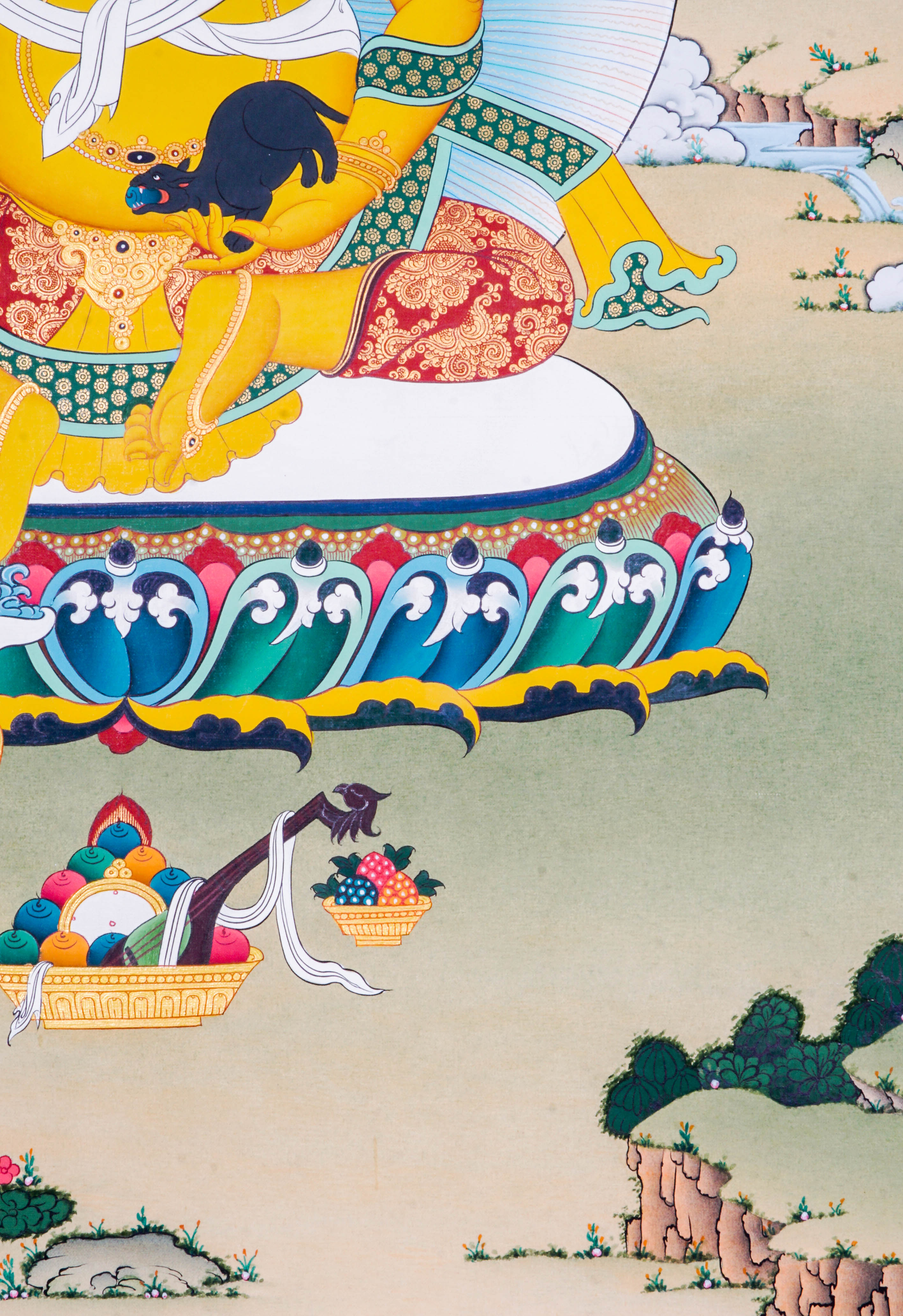 Zambala Thangka Painting features Zambala, the Tibetan Buddhist deity of wealth and prosperity, symbolizing abundance and success. Handcrafted by skilled artisans with intricate designs and natural pigments, this authentic Tibetan artwork embodies blessings of financial fortune and spiritual growth, making it a powerful symbol of prosperity and compassion.