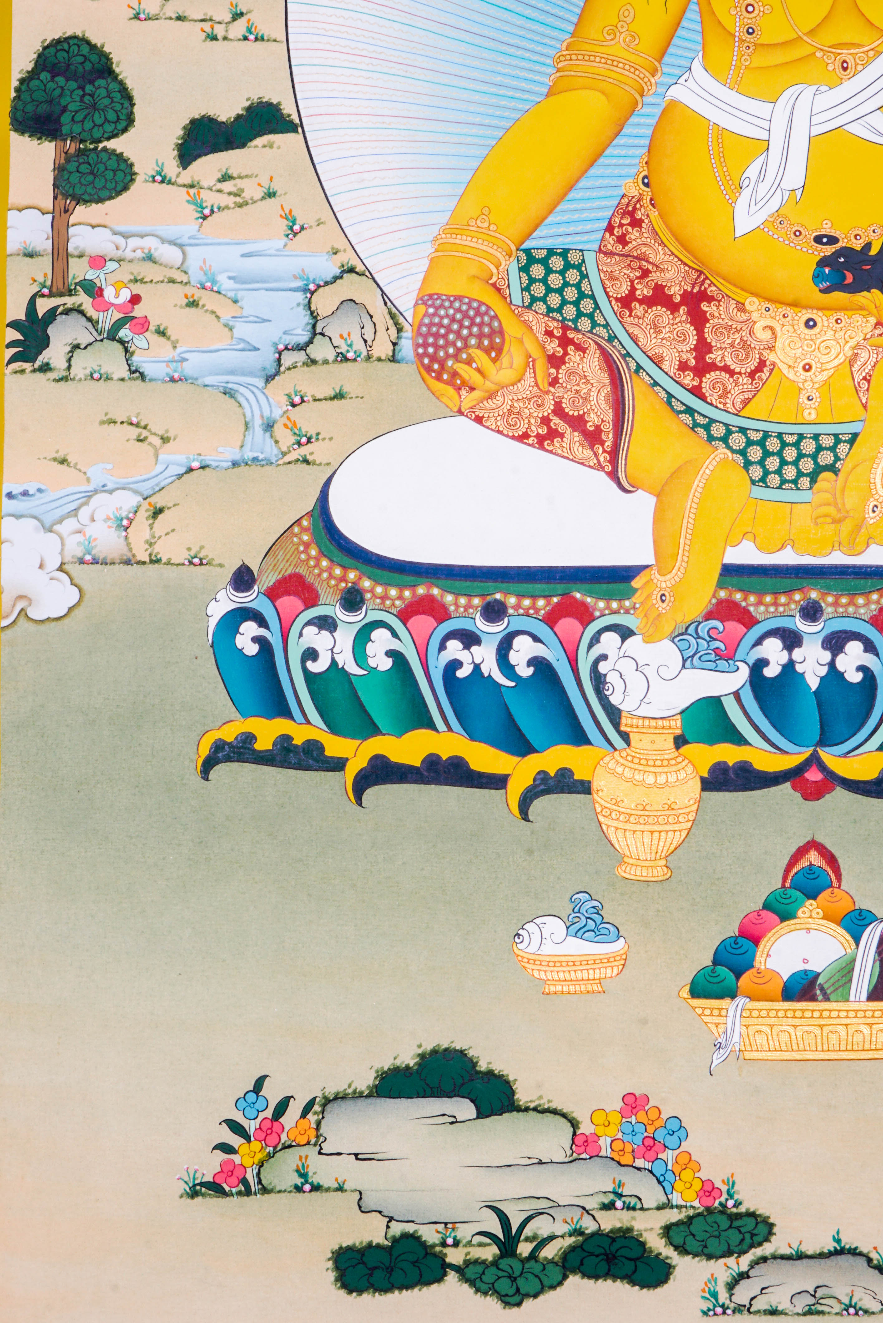 Zambala Thangka Painting features Zambala, the Tibetan Buddhist deity of wealth and prosperity, symbolizing abundance and success. Handcrafted by skilled artisans with intricate designs and natural pigments, this authentic Tibetan artwork embodies blessings of financial fortune and spiritual growth, making it a powerful symbol of prosperity and compassion.