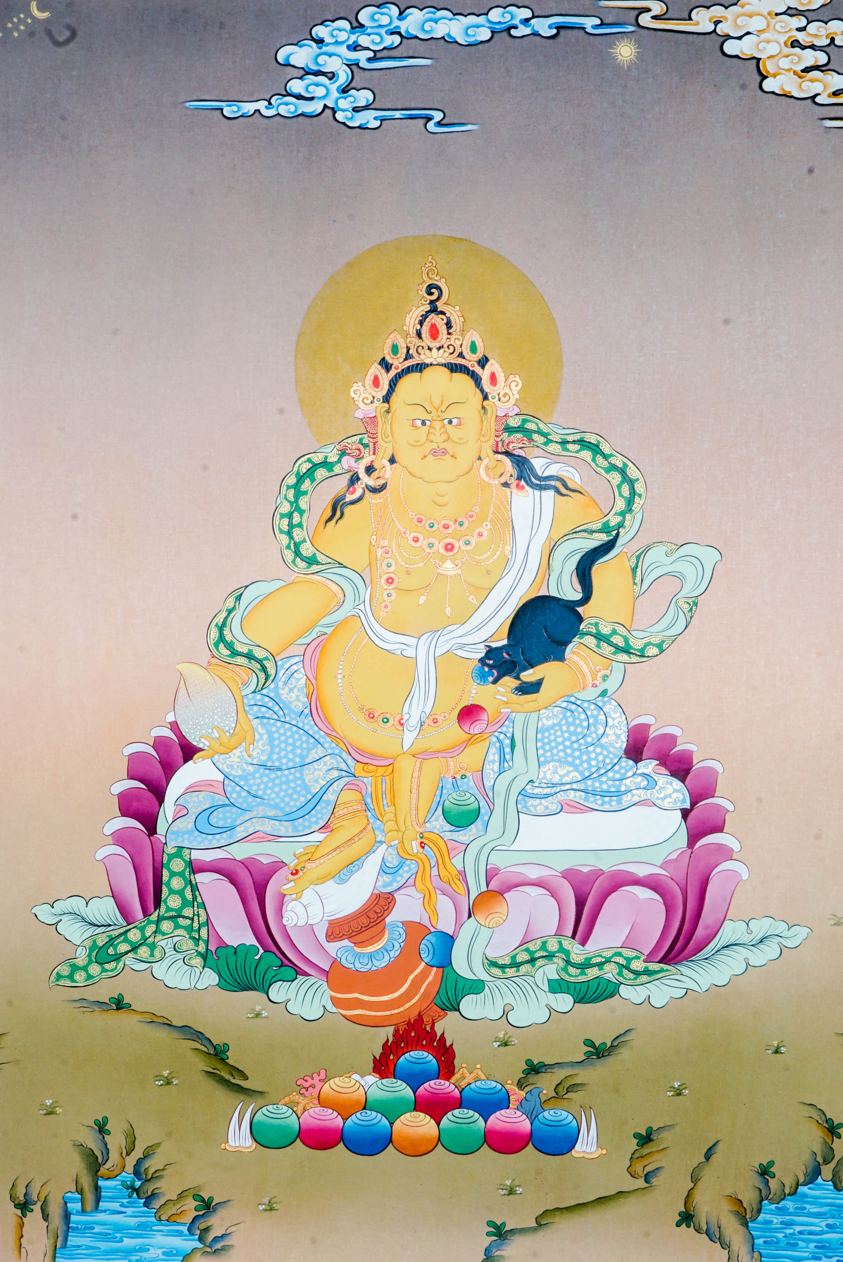 Zambala Thangka Painting features Zambala, the Tibetan Buddhist deity of wealth and prosperity, symbolizing abundance and success. Handcrafted by skilled artisans with intricate designs and natural pigments, this authentic Tibetan artwork embodies blessings of financial fortune and spiritual growth, making it a powerful symbol of prosperity and compassion.
