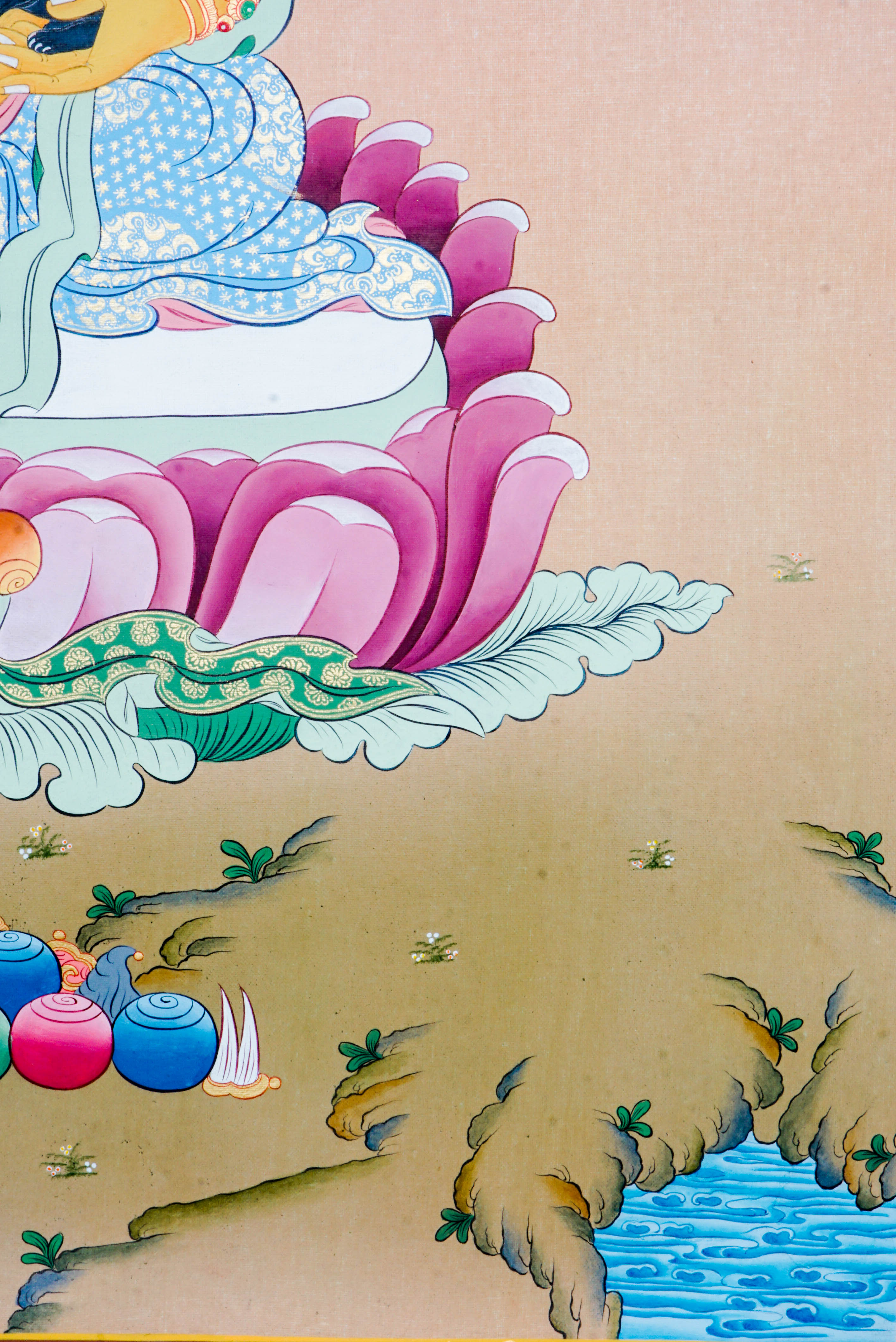 Zambala Thangka Painting features Zambala, the Tibetan Buddhist deity of wealth and prosperity, symbolizing abundance and success. Handcrafted by skilled artisans with intricate designs and natural pigments, this authentic Tibetan artwork embodies blessings of financial fortune and spiritual growth, making it a powerful symbol of prosperity and compassion.