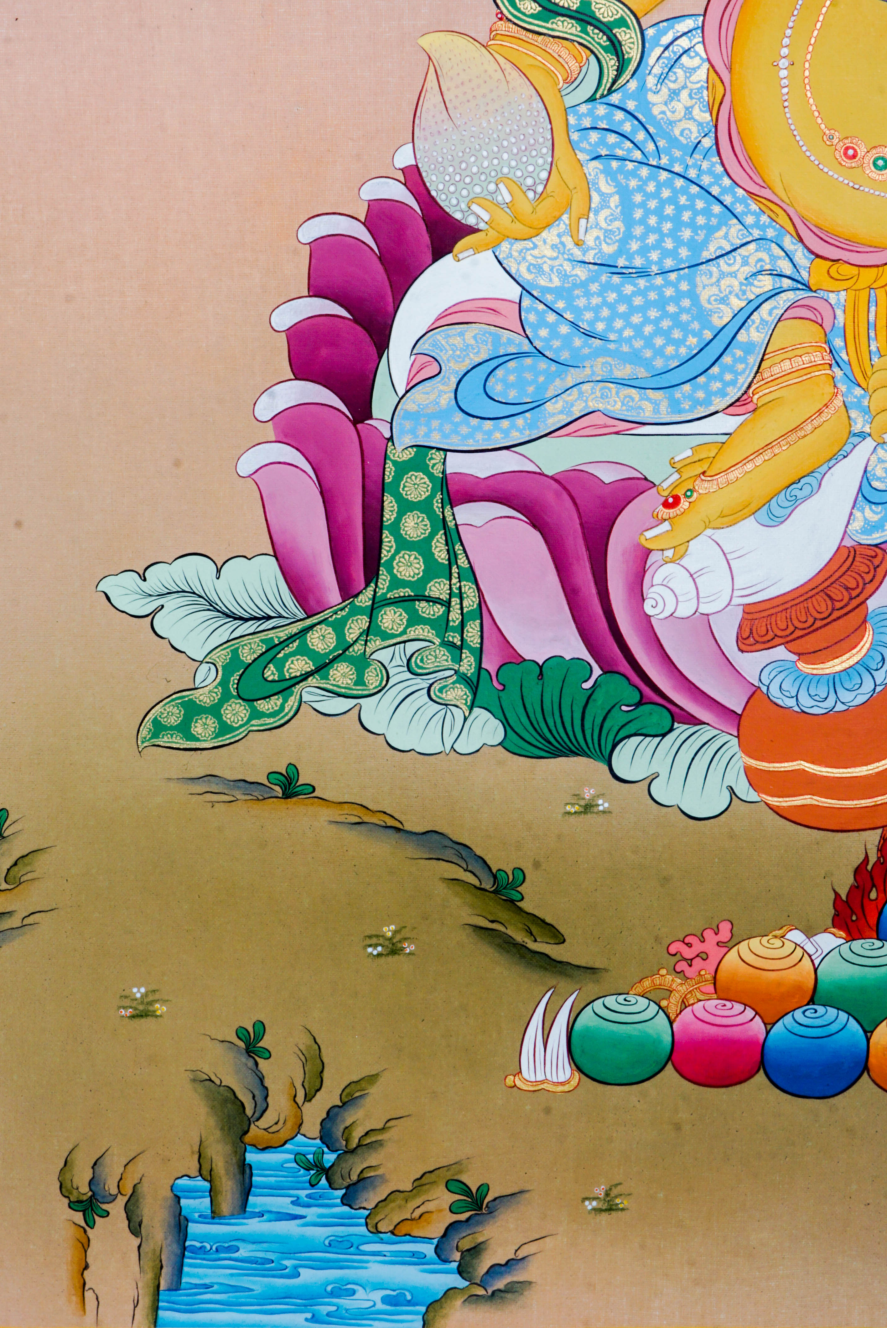 Zambala Thangka Painting features Zambala, the Tibetan Buddhist deity of wealth and prosperity, symbolizing abundance and success. Handcrafted by skilled artisans with intricate designs and natural pigments, this authentic Tibetan artwork embodies blessings of financial fortune and spiritual growth, making it a powerful symbol of prosperity and compassion.
