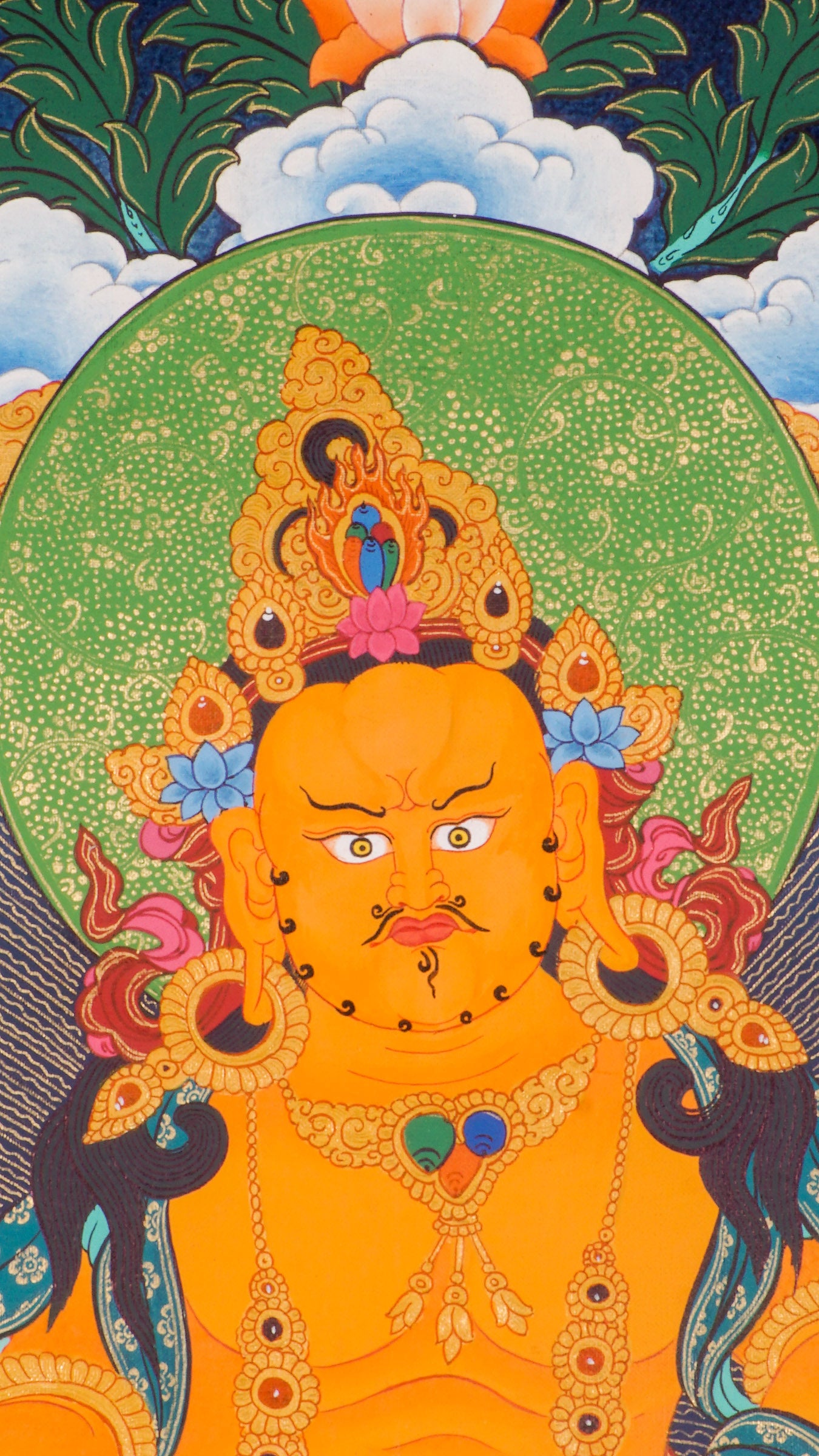 Zambala Thangka is a genuine Tibetan Buddhist artwork of the deity of wealth. It symbolizes prosperity, success, and spiritual protection. Ideal for meditation and home altars. 