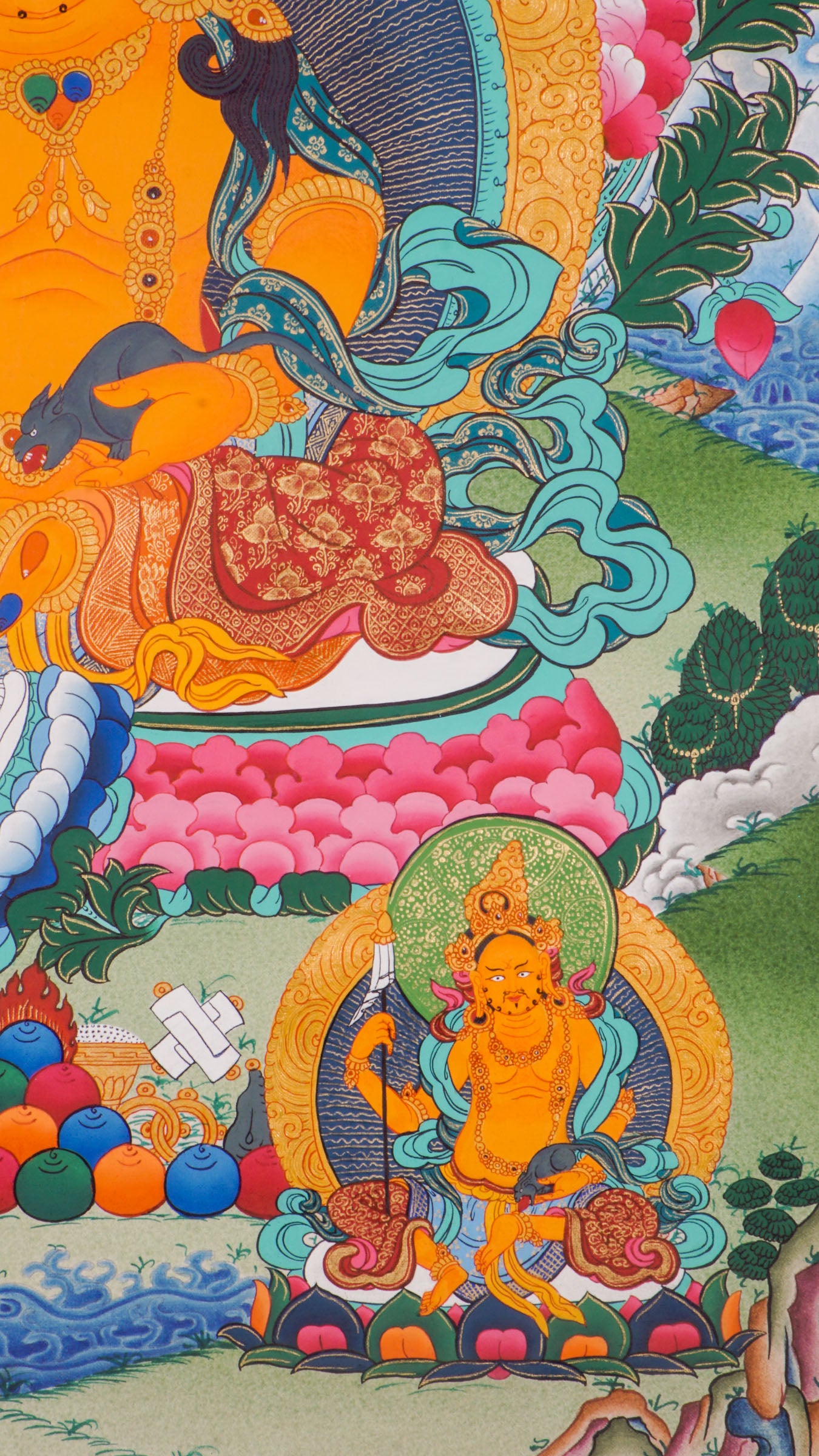 Zambala Thangka is a genuine Tibetan Buddhist artwork of the deity of wealth. It symbolizes prosperity, success, and spiritual protection. Ideal for meditation and home altars.