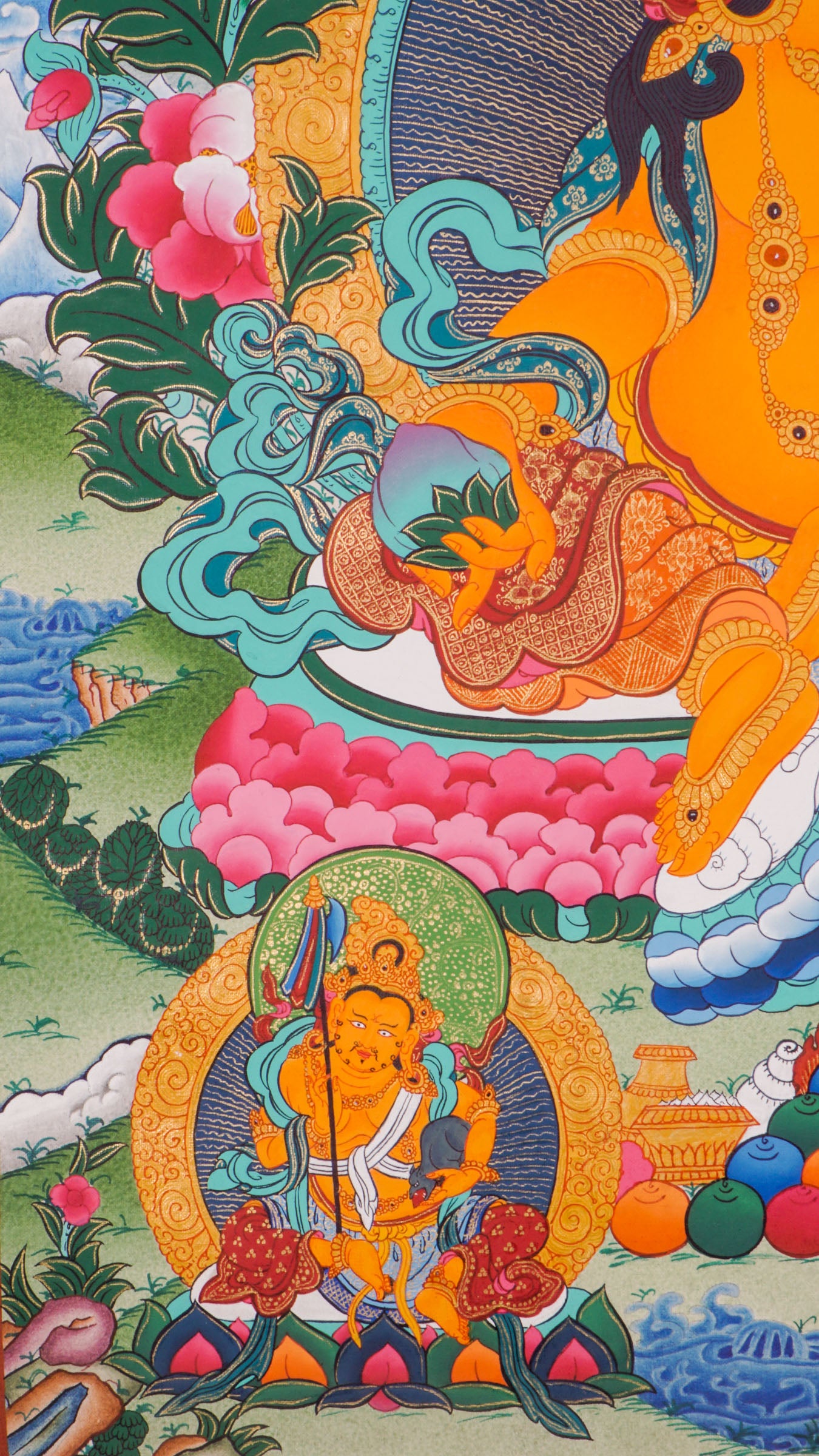 Zambala Thangka is a genuine Tibetan Buddhist artwork of the deity of wealth. It symbolizes prosperity, success, and spiritual protection. Ideal for meditation and home altars.