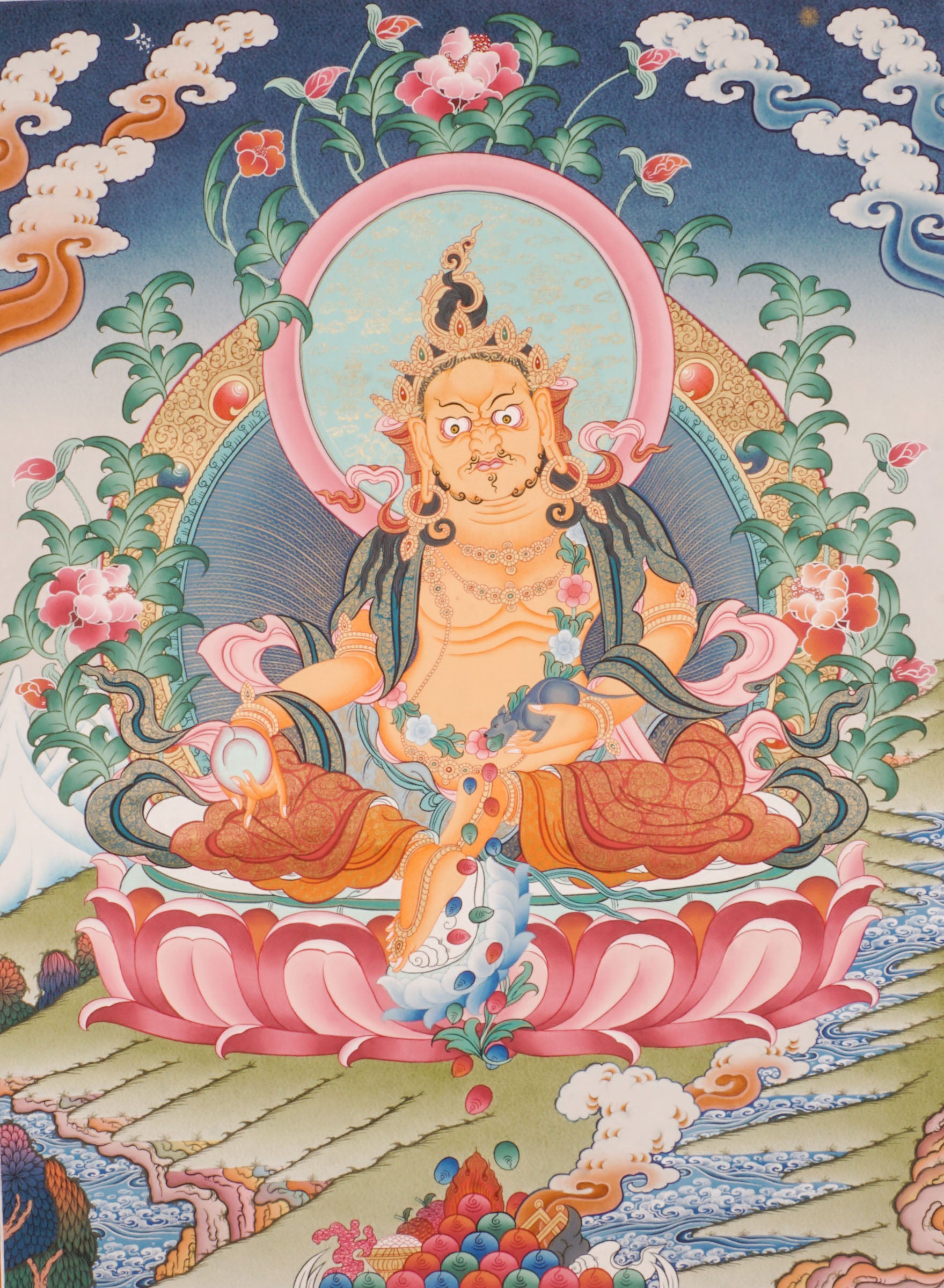 Zambala Thangka is a genuine Tibetan Buddhist artwork of the wealth deity. Hand-painted and vibrant, it symbolizes prosperity, protection, and removal of obstacles. Perfect for meditation, altar display, or as a meaningful gift to invite abundance and spiritual growth.