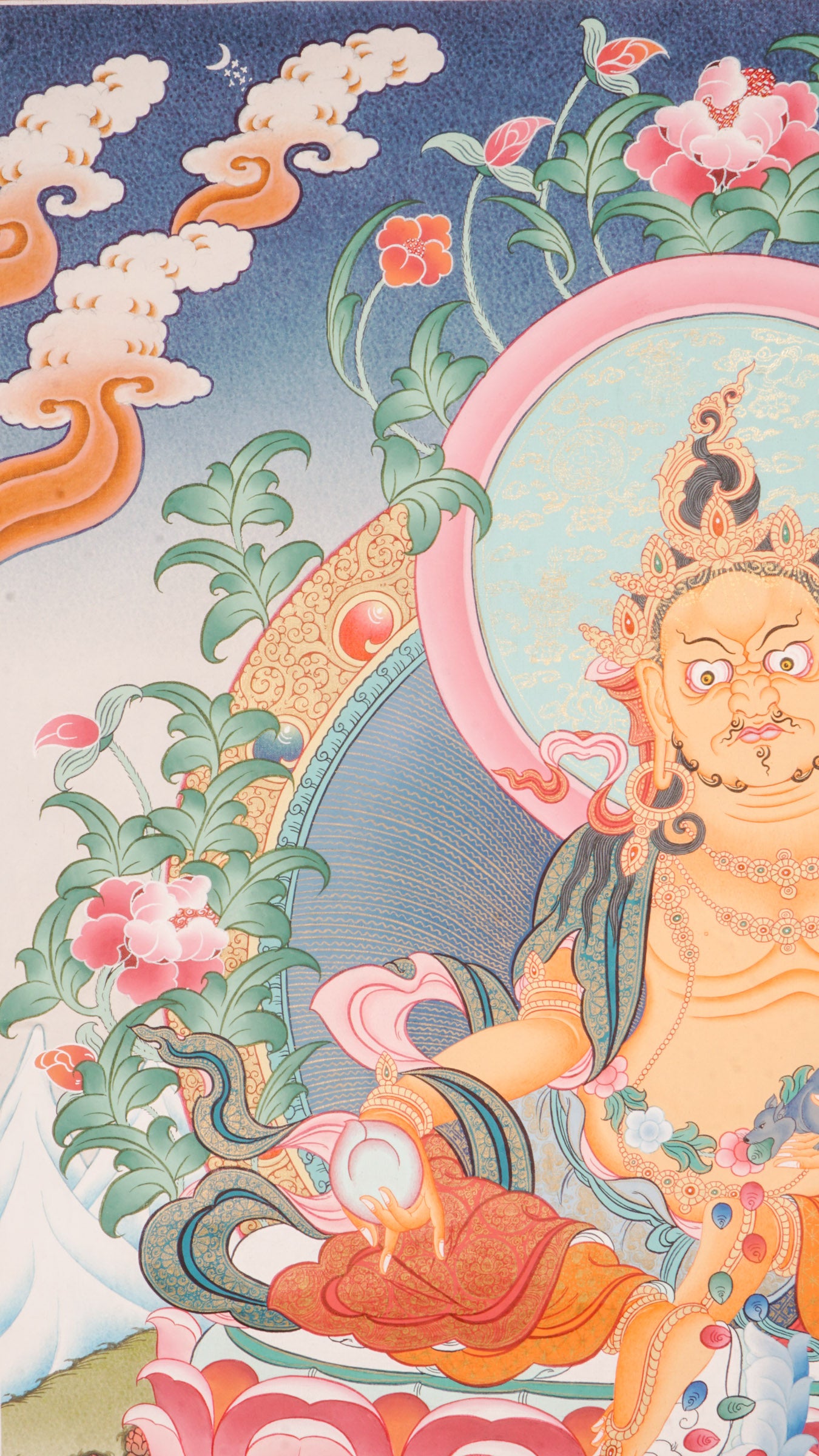 Zambala Thangka is a genuine Tibetan Buddhist artwork of the wealth deity. Hand-painted and vibrant, it symbolizes prosperity, protection, and removal of obstacles. Perfect for meditation, altar display, or as a meaningful gift to invite abundance and spiritual growth.
