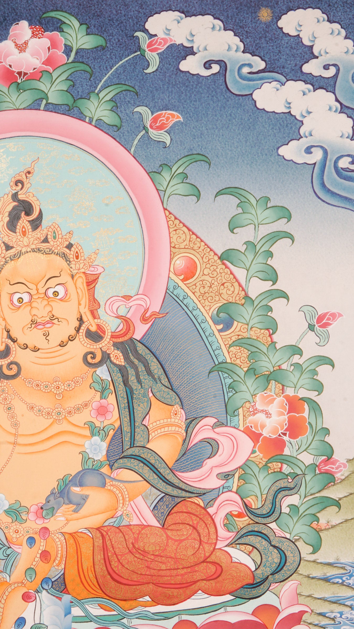 Zambala Thangka is a genuine Tibetan Buddhist artwork of the wealth deity. Hand-painted and vibrant, it symbolizes prosperity, protection, and removal of obstacles. Perfect for meditation, altar display, or as a meaningful gift to invite abundance and spiritual growth.