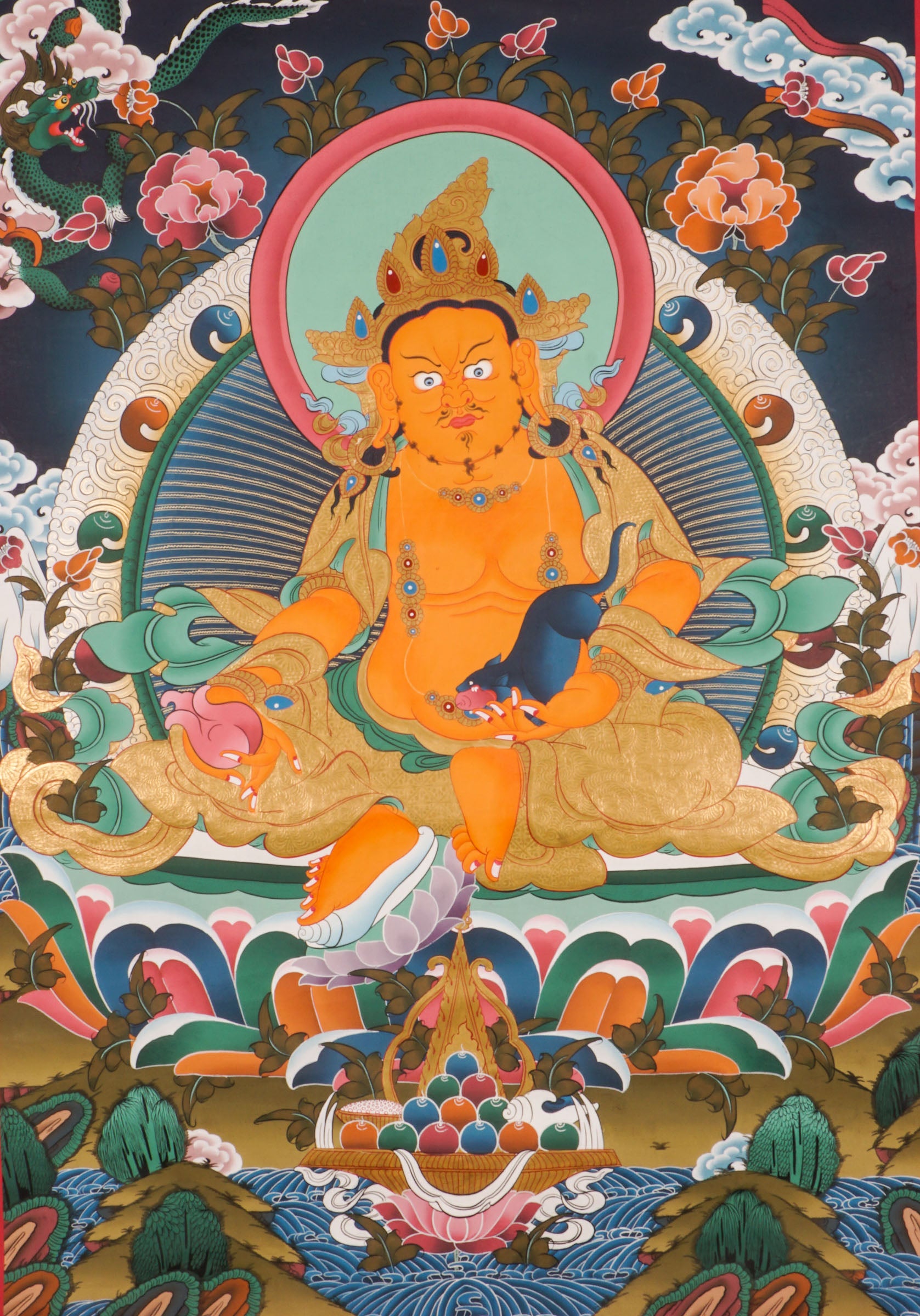 Zambala Thangka is a Tibetan Buddhist thangka of the wealth deity Zambala, symbolizing prosperity, success, and protection.