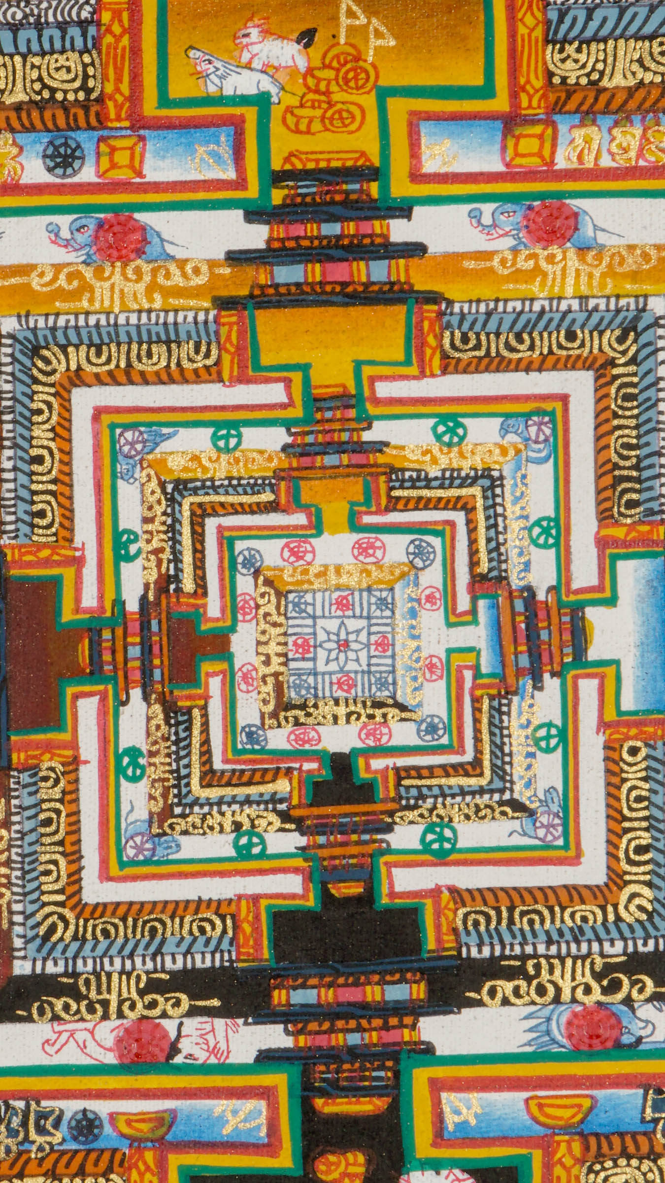 Kalachakra Mandala Thangka Wall Hanging  hand-painted with symbolic layers including elemental rings, sacred deities, and the Wheel of Time, representing Tibetan Buddhist teachings on wisdom, compassion, and spiritual transformation. 