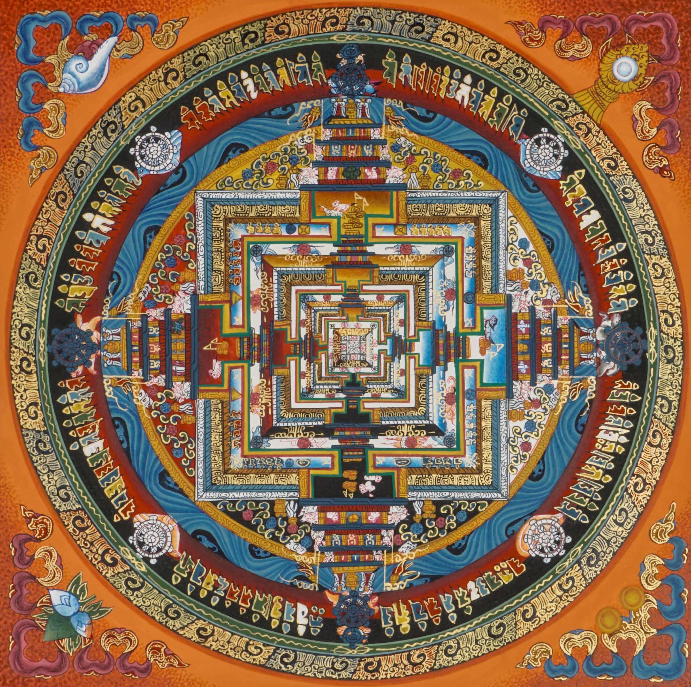 Kalachakra Mandala Thangka Wall Hanging featuring  hand-painted details of the Wheel of Time, elemental rings, and sacred deities representing Tibetan Buddhist teachings on wisdom and compassion. 