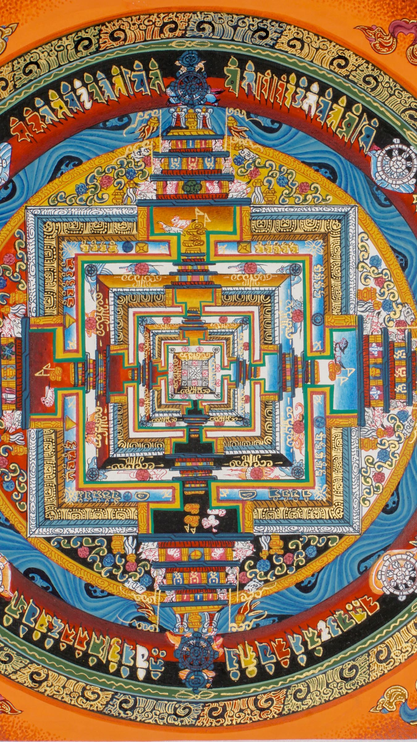 Kalachakra Mandala Thangka Wall Hanging featuring hand-painted details of the Wheel of Time, elemental rings, and sacred deities representing Tibetan Buddhist teachings on wisdom and compassion. 