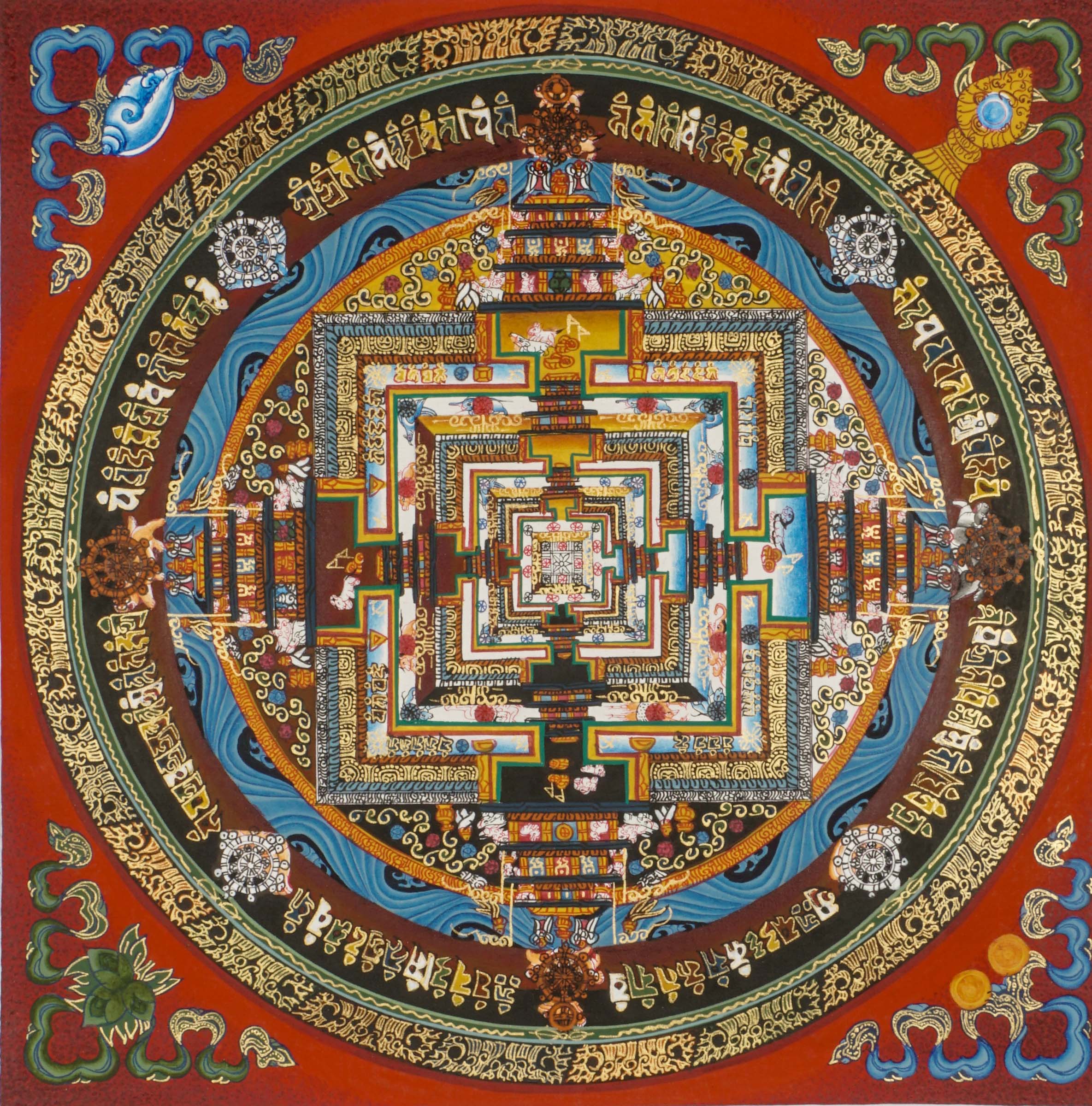 This hand-painted Kalachakra Mandala Thangka is a Tibetan Buddhist artwork featuring intricate geometric designs, vibrant colors, and profound spiritual symbolism for meditation and mindfulness. Made with premium pigments on cotton canvas, it is ideal for sacred space decor, Buddhist art collections, and enhancing spiritual healing and inner peace.