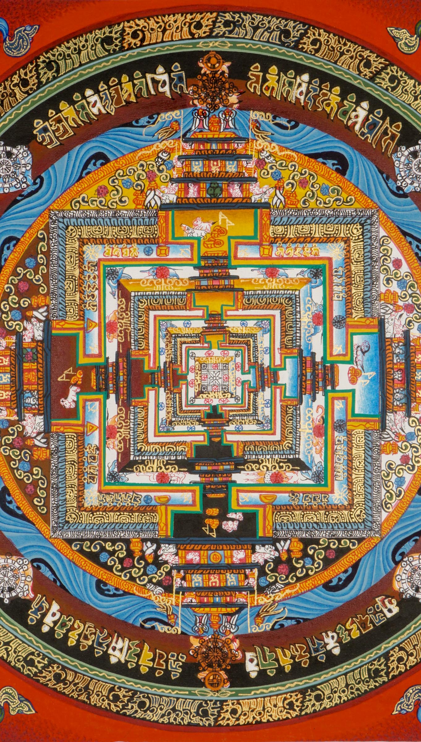 Kalachakra Mandala Thangka wall hanging with intricate hand-painted Wheel of Time design, vibrant colors, elemental circles, and numerous Tibetan Buddhist deities symbolizing wisdom, compassion, and spiritual enlightenment.