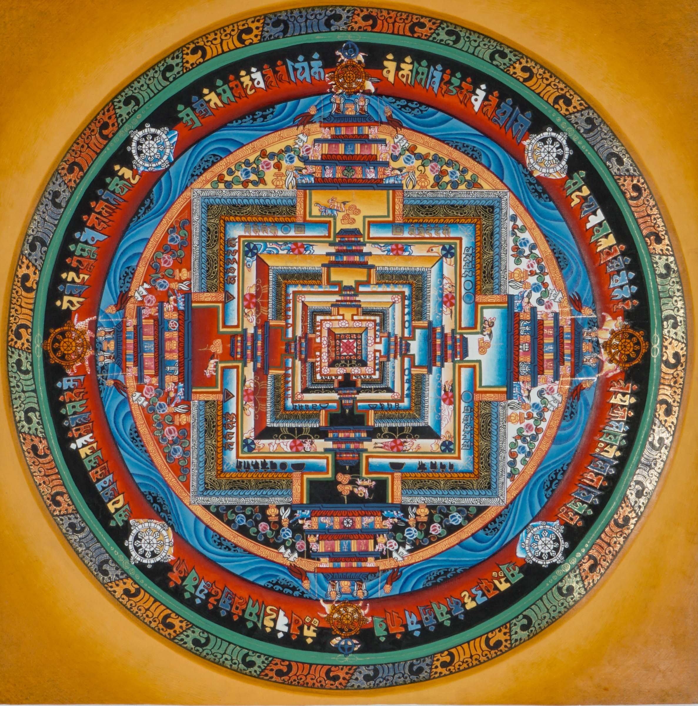 Traditional Tibetan Kalachakra Mandala Thangka showcasing symbolic layers of time and universe, detailed with sacred geometry and rich color tones, created to deepen focus, reflection, and meditative awareness.