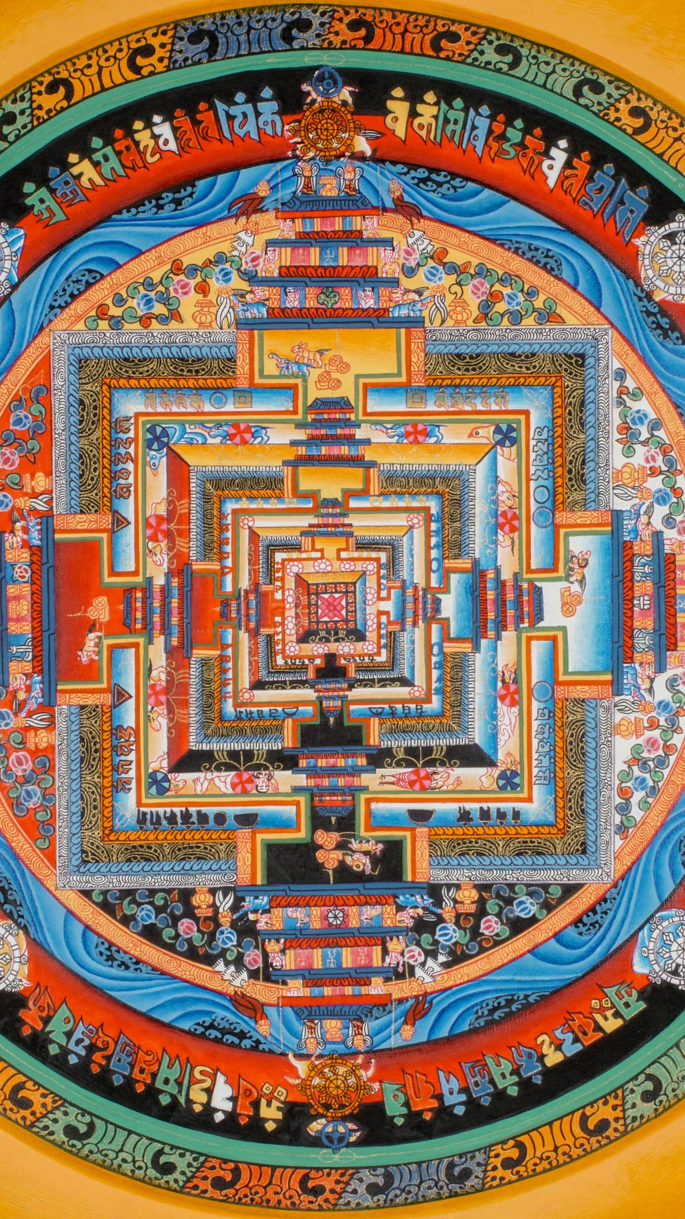 Traditional Tibetan Kalachakra Mandala Thangka showcasing symbolic layers of time and universe, detailed with sacred geometry and rich color tones, created to deepen focus, reflection, and meditative awareness.