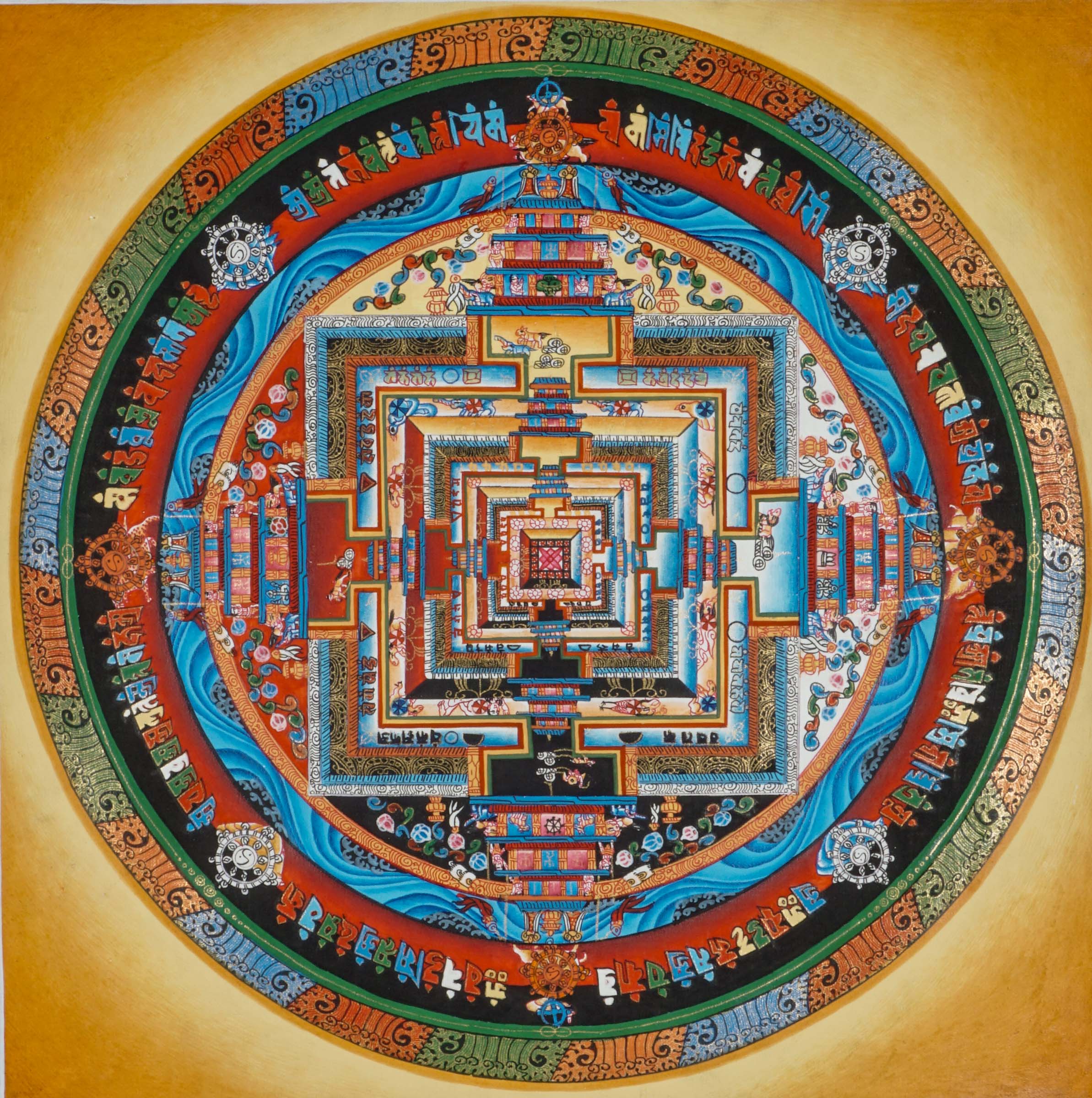 Hand-painted Kalachakra Mandala Thangka Wall Decor featuring intricate layers of the Wheel of Time, vibrant elemental circles, sacred deities, and geometric symbolism that reflect Tibetan Buddhist teachings on time, wisdom, and inner balance.