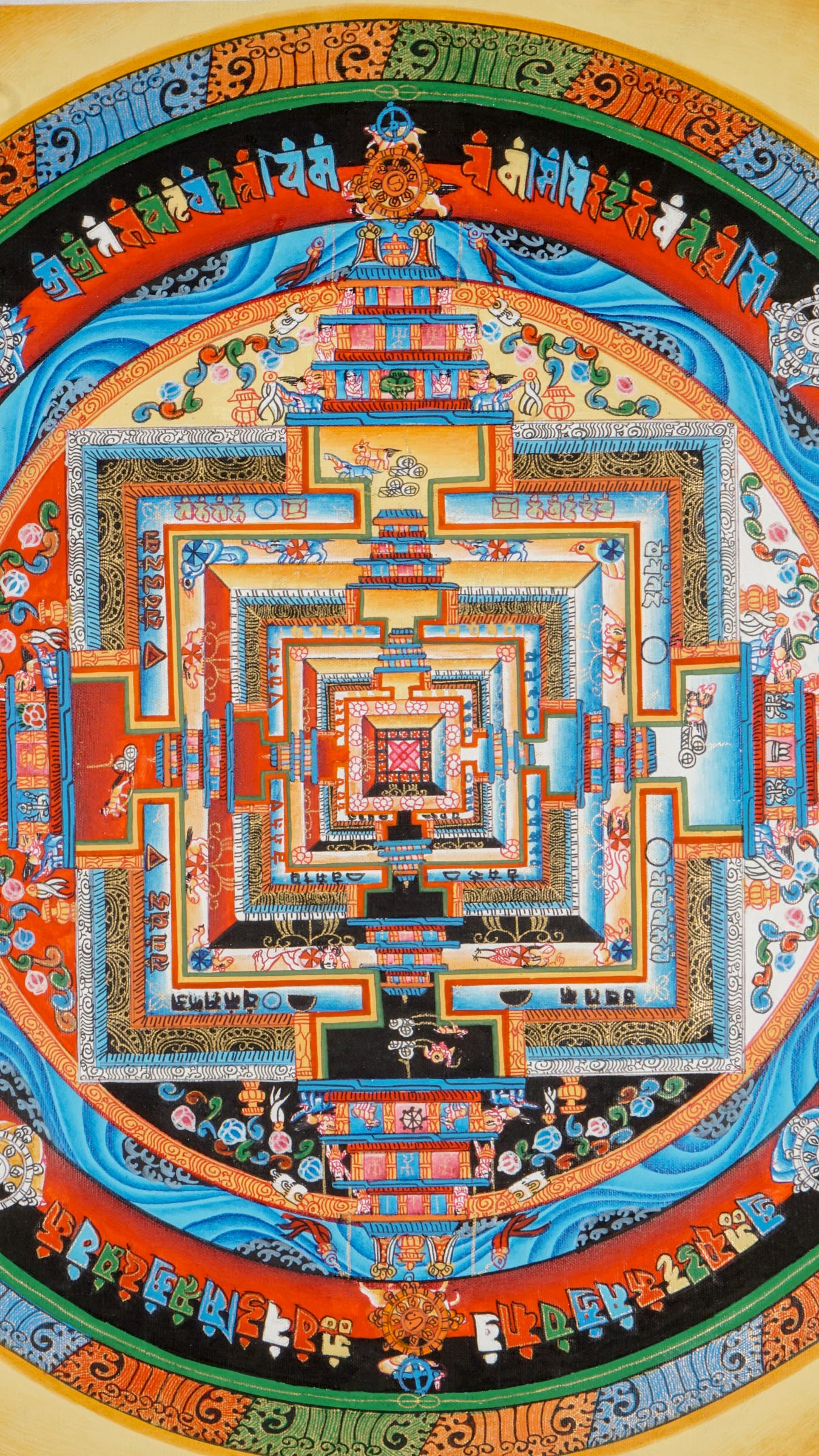 Hand-painted Kalachakra Mandala Thangka Wall Decor featuring intricate layers of the Wheel of Time, vibrant elemental circles, sacred deities, and geometric symbolism that reflect Tibetan Buddhist teachings on time, wisdom, and inner balance.