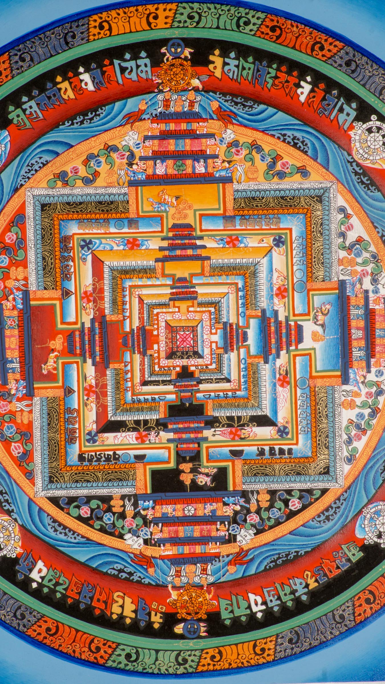 Kalachakra Mandala Thangka featuring intricate geometric patterns and vibrant colors, symbolizing Buddhist teachings on time, meditation, and cosmic balance, handcrafted in traditional Tibetan style for mindfulness and spiritual awakening. 
