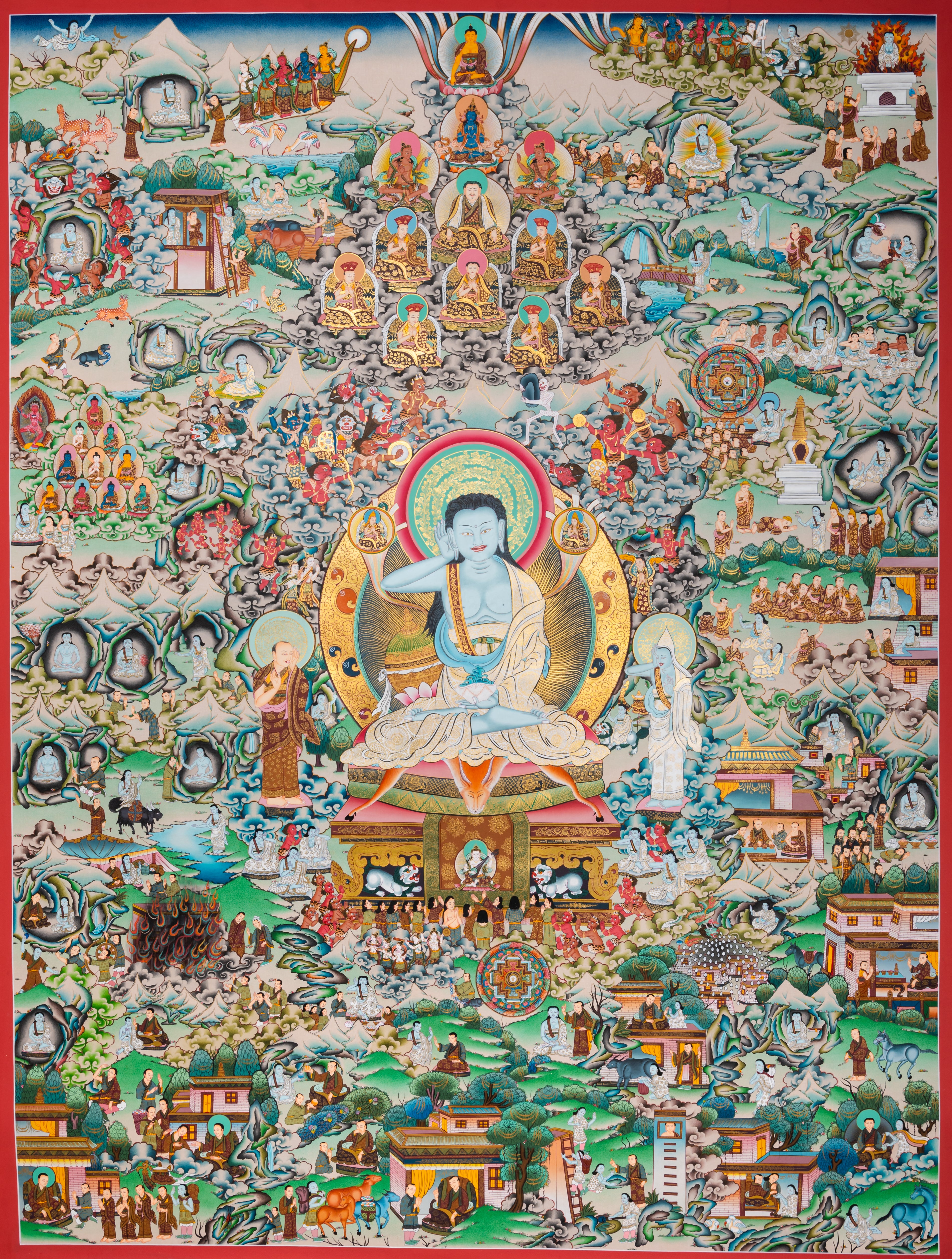Exclusive Milarepa thanka with central yogi, mini disciples, and Himalayan scenery, painted in traditional Tibetan thangka style.