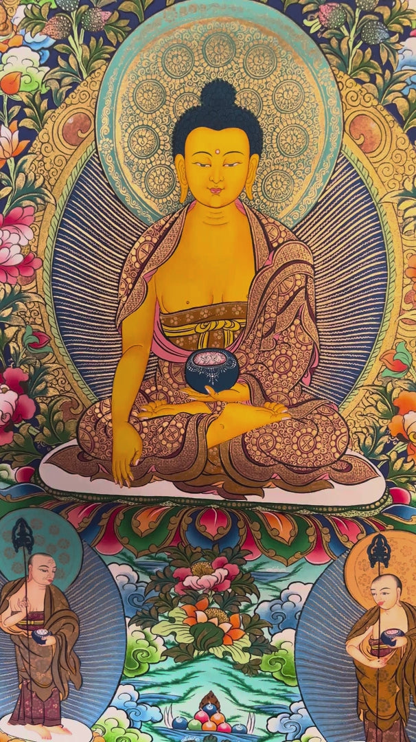 Shakyamuni Buddha Thangka painting with sacred Buddhist figures, lotus motifs and Himalayan landscape, traditional Tibetan Buddhist art from Nepal