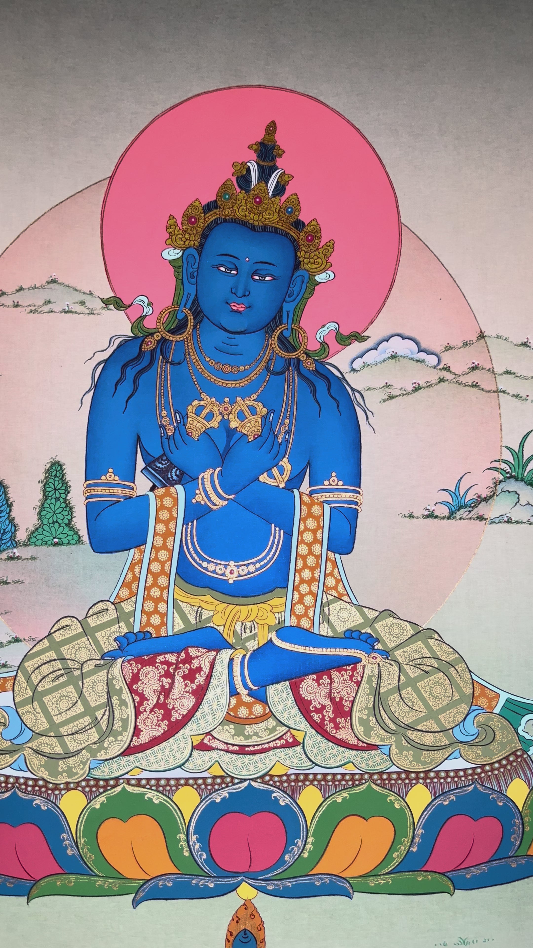 Vajradhara thangka showing a deep blue primordial Buddha seated on a lotus with arms crossed holding vajra and bell symbolizing wisdom and compassion.