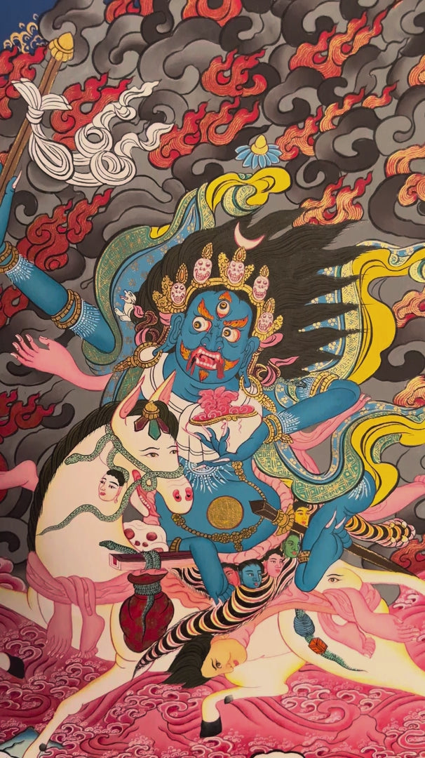 Palden Lhamo Tibetan Buddhist Thangka painting riding a mule, hand painted in Nepal