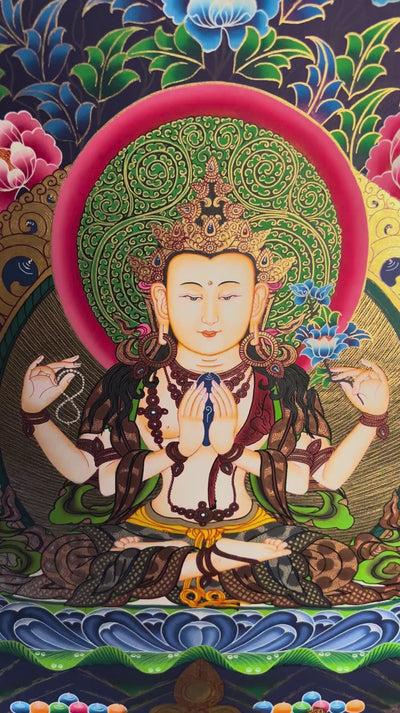 Hand painted Chengresi Thangka painting depicting four-armed Avalokiteshvara seated on a lotus throne in traditional Nepalese Buddhist art