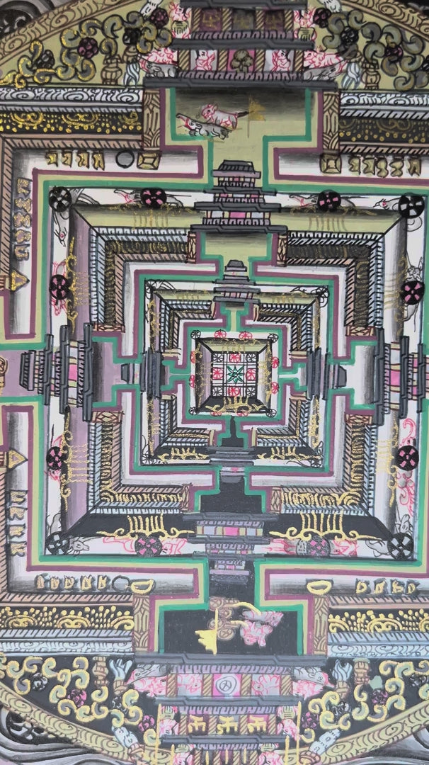 Hand-painted Kalachakra Mandala Brocade Thangka mounted in traditional Tibetan silk brocade, handcrafted in Nepal and ready to hang for meditation, altar, and sacred wall décor.