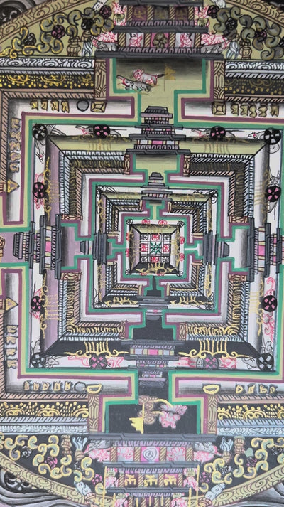 Hand-painted Kalachakra Mandala Brocade Thangka mounted in traditional Tibetan silk brocade, handcrafted in Nepal and ready to hang for meditation, altar, and sacred wall décor.