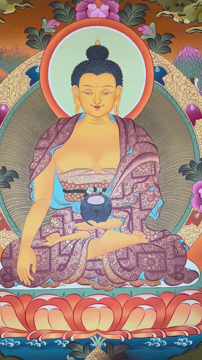 Shakyamuni Buddha thangka showing the historical Buddha seated in meditation on a lotus throne holding an alms bowl.