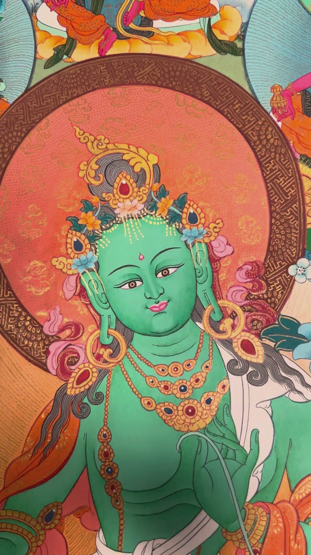 Hand-painted 21 Tara Thangka featuring Green Tara surrounded by the Twenty-One Manifestations of Tara on lotus thrones with Himalayan landscape background.