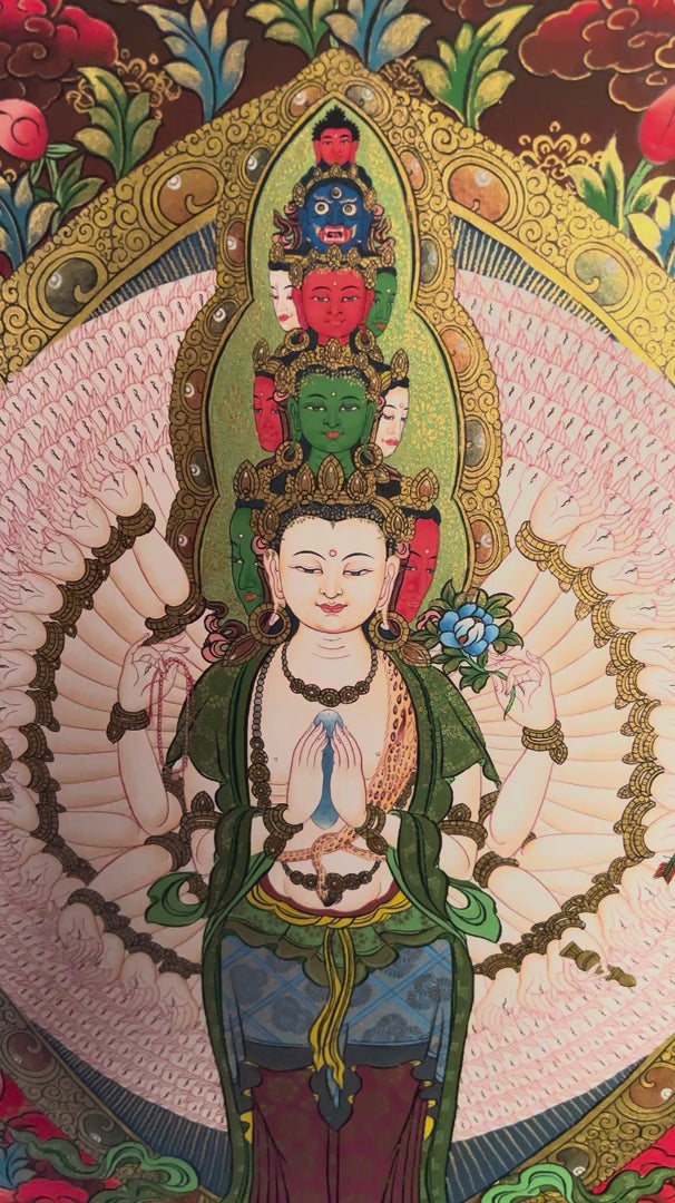 Hand painted Avalokeshwor Thangka painting depicting the compassionate Buddhist deity with multiple arms in traditional Nepalese Buddhist art
