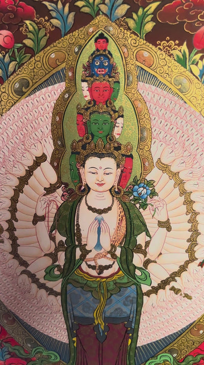 Hand painted Avalokeshwor Thangka painting depicting the compassionate Buddhist deity with multiple arms in traditional Nepalese Buddhist art