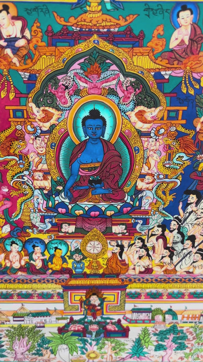 Medicine Plant Thangka painting featuring a central blue Buddha, medicinal plants, colorful flowers, traditional architecture, and smaller Buddha figures, 60 x 53 cm