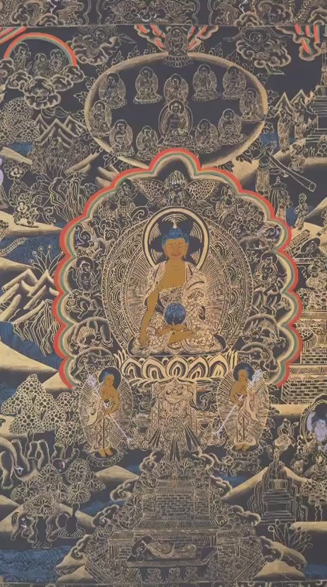 Black and Gold Buddha Life thangka featuring the historical Buddha surrounded by intricate narrative scenes, stupas, sacred landscapes, and celestial Buddhist imagery