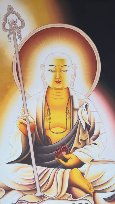 Authentic hand-painted Ksitigarbha Bodhisattva thangka in a minimalist Tibetan Buddhist style featuring serene Himalayan spiritual symbolism and meditative beauty.