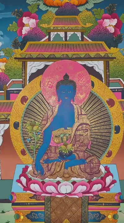 Medicine Buddha thangka featuring the Healing Buddha seated within a sacred temple shrine surrounded by enlightened Buddhas and Himalayan symbolism