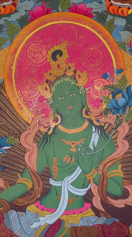 reen Tara thangka featuring the Buddhist goddess of compassion seated on a lotus throne surrounded by enlightened Buddhas and sacred Himalayan symbolism